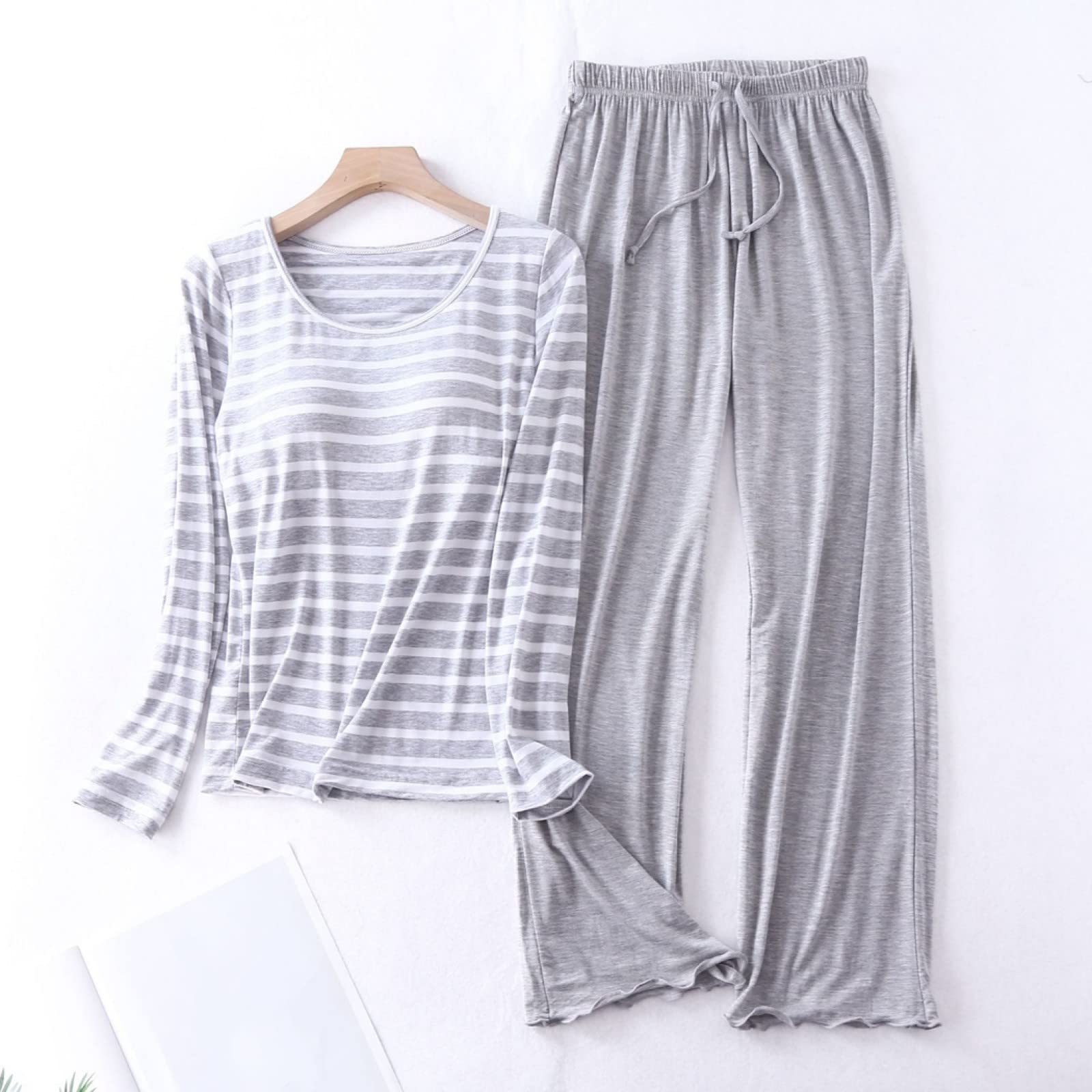 Pijama de Franela para Invierno y otoño para Mujer y Hombre, Conjunto de Sujetador y Almohadillas de algodón para Mujer, Estampado de Rayas Grises de Moda, Manga Larga + pantalón a