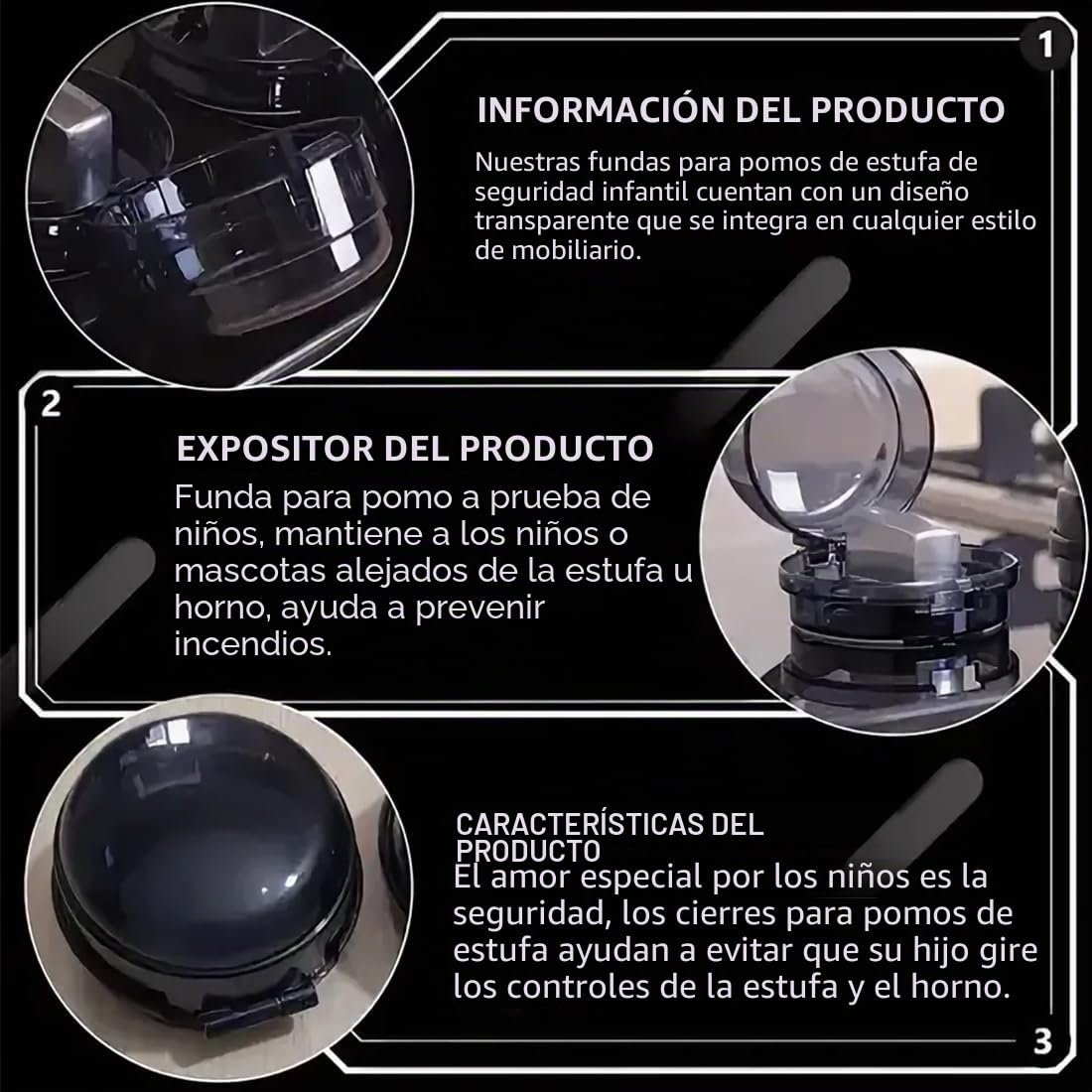 WUSJCOF 6 Piezas Protector de Perillas de Cocina para Niños, Protección Transparente para Cocina, Seguridad para Bebés en Horno (Máx. Ø 4,3 cm y 4 cm de Alto, Mín. 6 cm) (Negro)