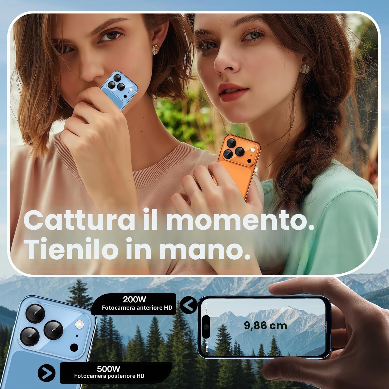 Mini Smartphone 4G, 4GB+64GB, Doppia SIM, Schermo da 3,88 pollici, Android 12, Telefono Compatto per Bambini e Studenti (Arancione)