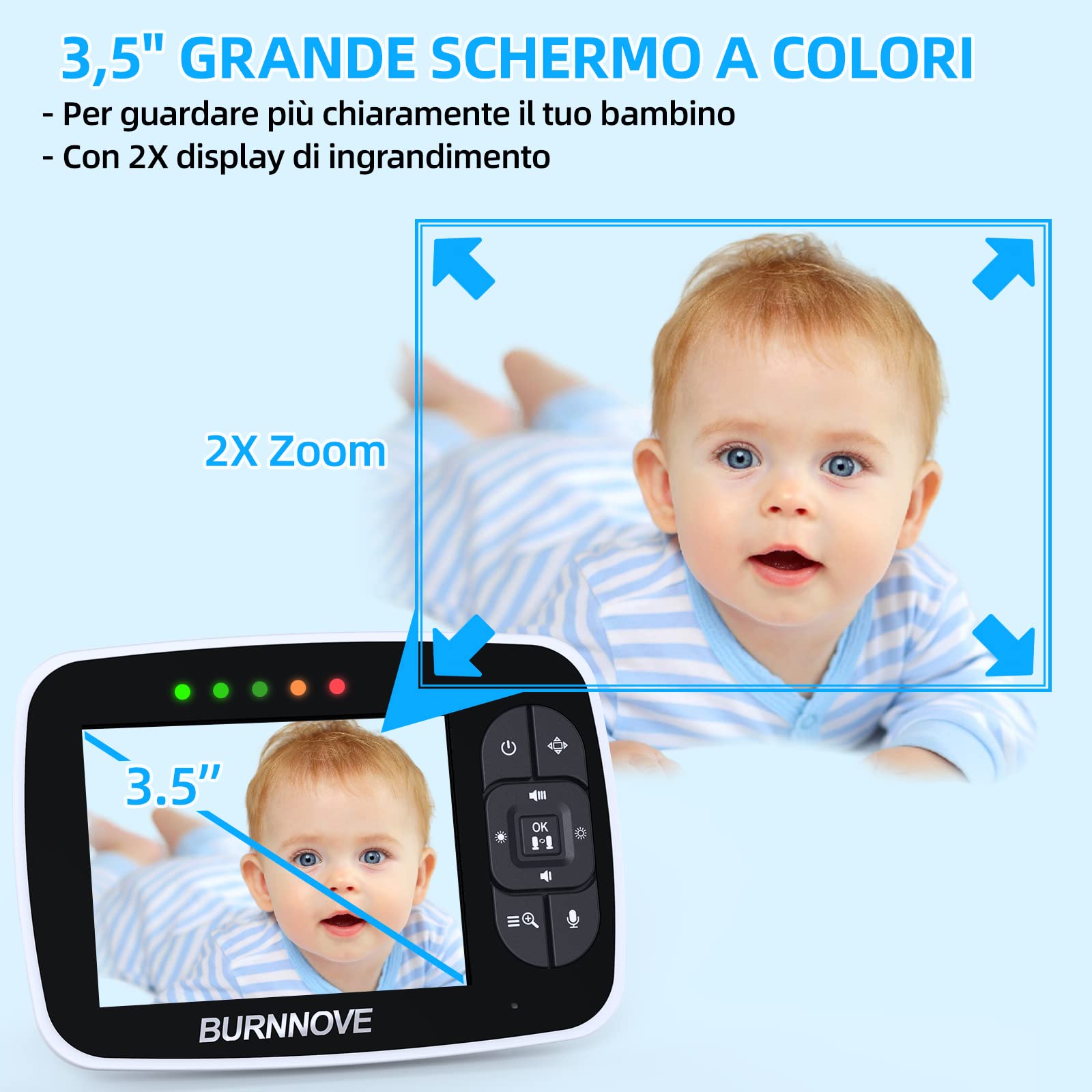 BURNNOVE Baby Monitor 3.5 Pollici Baby Monitor Video e Audio con Videocamera Remota 355° Rotazione, Zoom 2x, Modalità ECO, Visione Notturna 5m, Termometro e Ninne Nanne