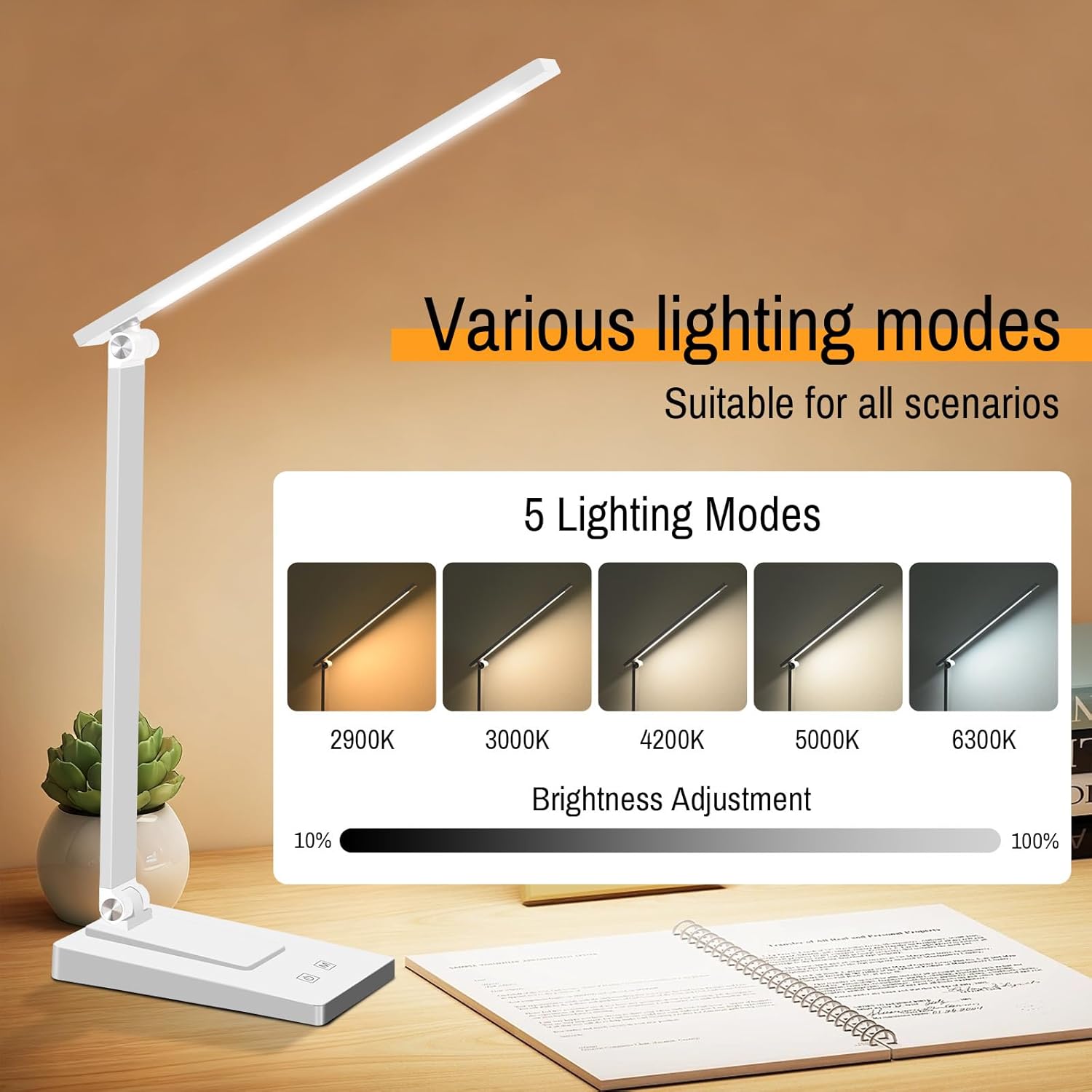 ErayLife Rechargeable LED Desk Lamp, 800LM 2600mAh Reading Table Lamp, 5 Color Modes with 5 Brightness, Aluminum Bedside Lamp with USB Charging Port for Study Home Office, White