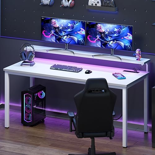 Miniatura 2 de DlandHome Escritorio para computadora de 60 pulgadas con luces LED y tomas de corriente, escritorio de escritura con soporte para monitor,