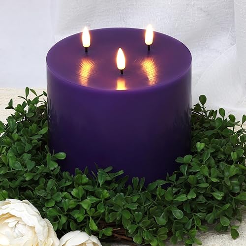 Miniatura 4 de Vela de pilar sin llama de 3 mechas púrpura con control remoto  6 pulgadas de alto 6 pulgadas, vela de cera LED parpadeante grande con pilas