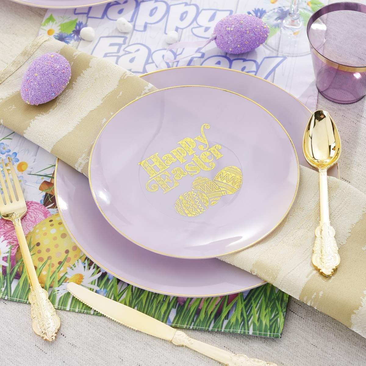 Nervure 150pcs Easter Plastic Plates - Purple and Gold Plates with Easter Egg - Purple Disposable Plates includes 50 Plastic Plates, 25 Knives, 25 Forks, 25 Spoons, 25 Cups for Party