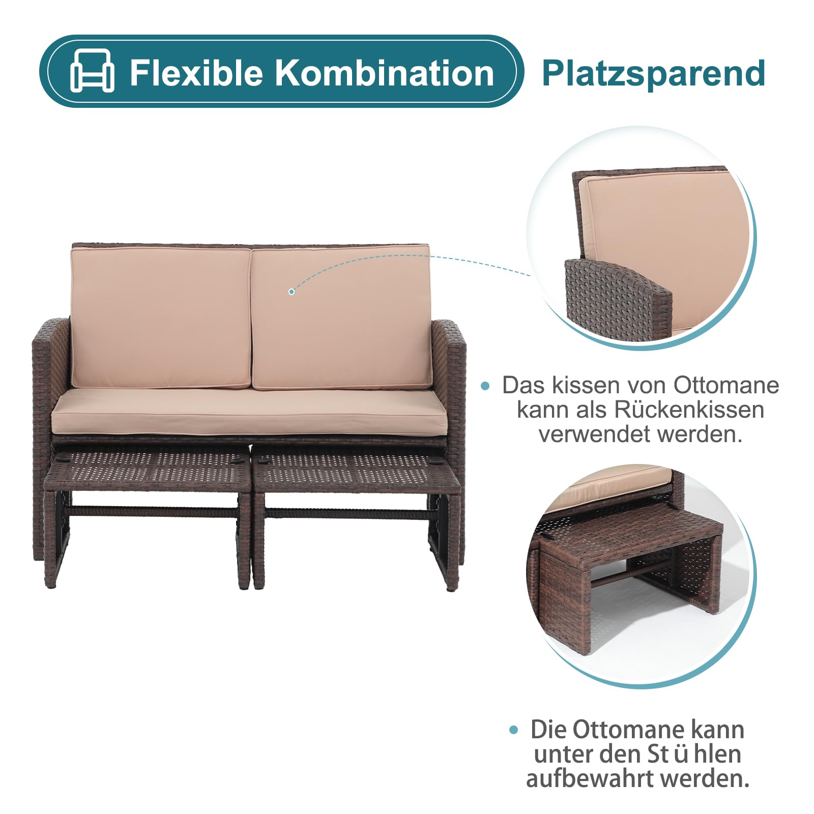 OC Orange-Casual Outdoor Loveseat, 3-TLG Terrassenmöbel-Set, Allwetter Rattan Gartenbank mit 2 Hocker, Braun Rattan&Beige Kissen