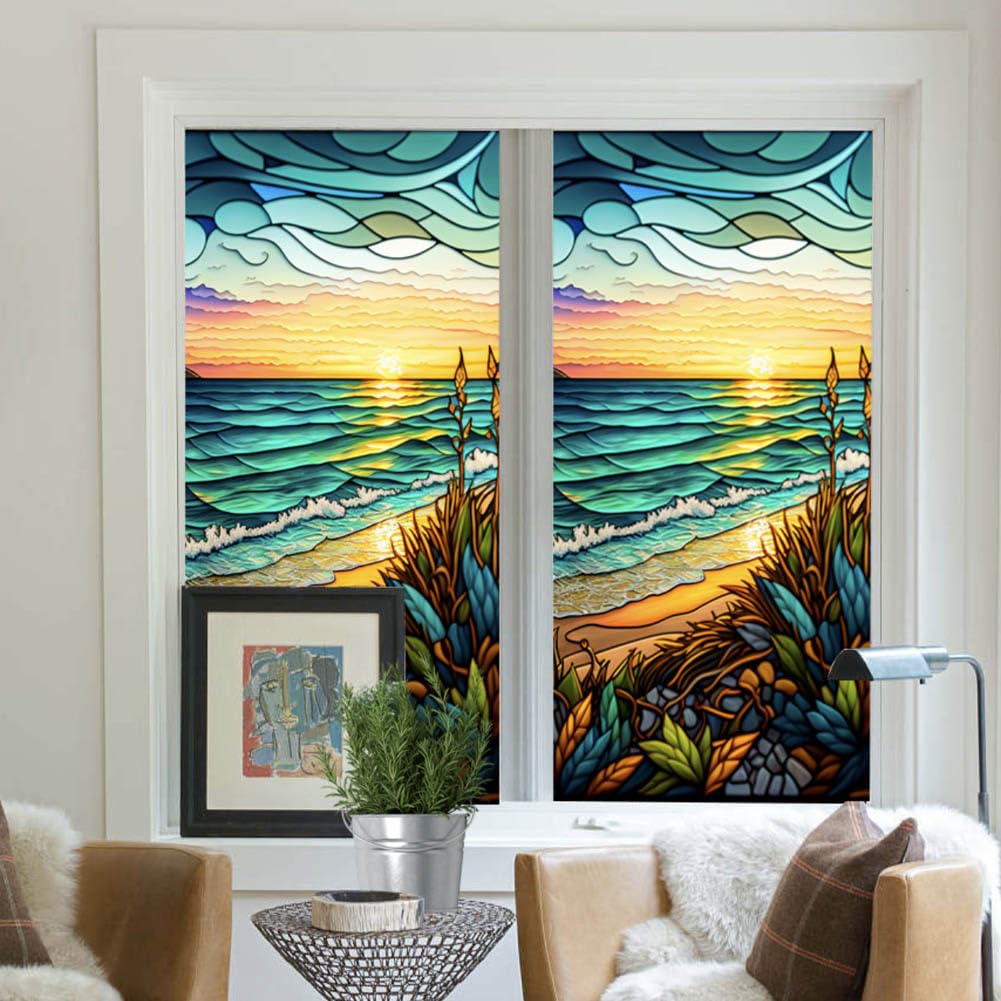 Stained Glass Window Film Privacy Frosted Window Film Self Adhesive Scenery Window Privacy Film Decorative Window Stickers Static Cling UV Blocking for Home Office Bathroom