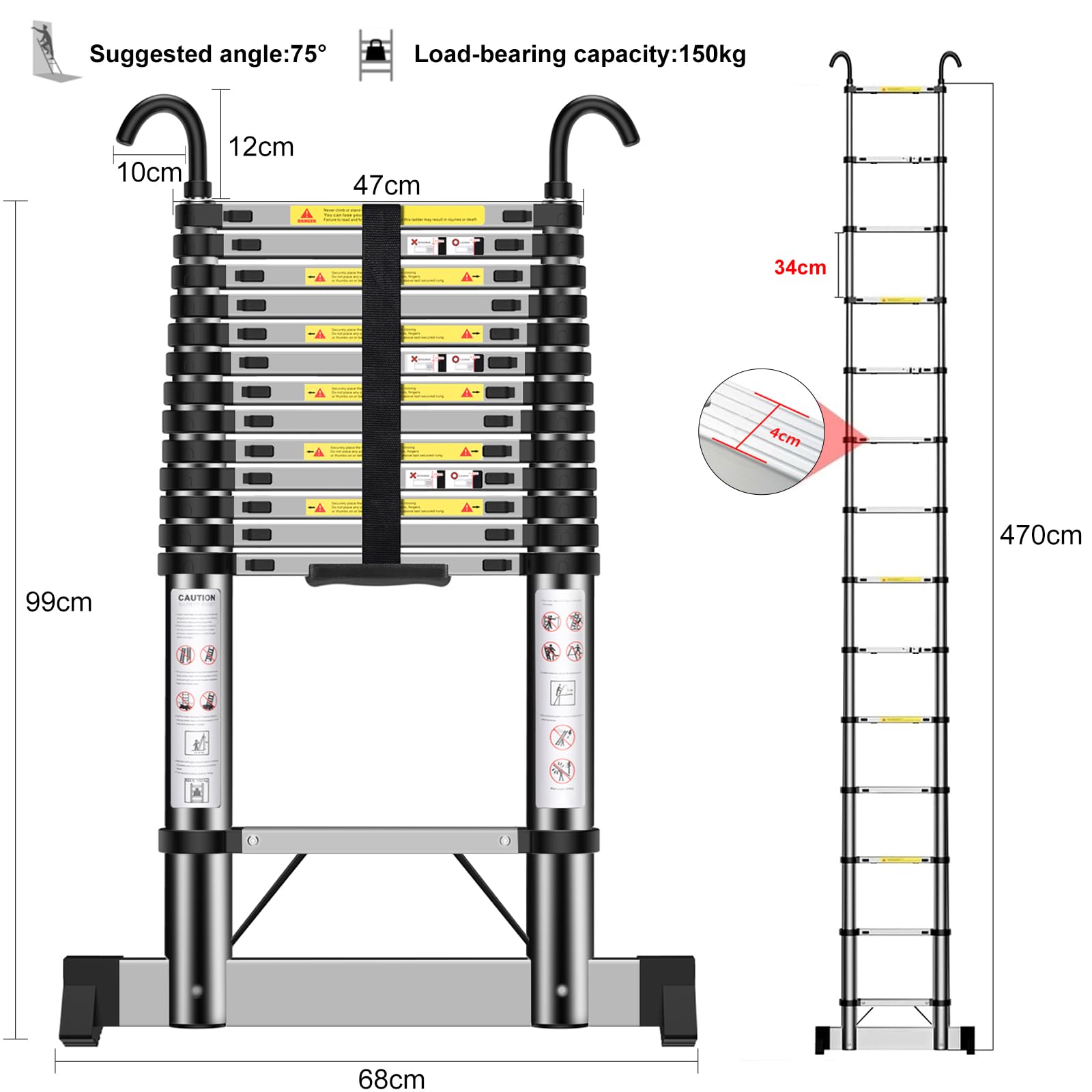 Teleskopleiter 4,7m, Ausziehbare Leiter Edelstahl mit Haken, Mehrfach Verstellbar, Stufenabstand 36cm, Weit Verbreitet in Lagerhallen und Ateliers, Gewicht: 16 kg