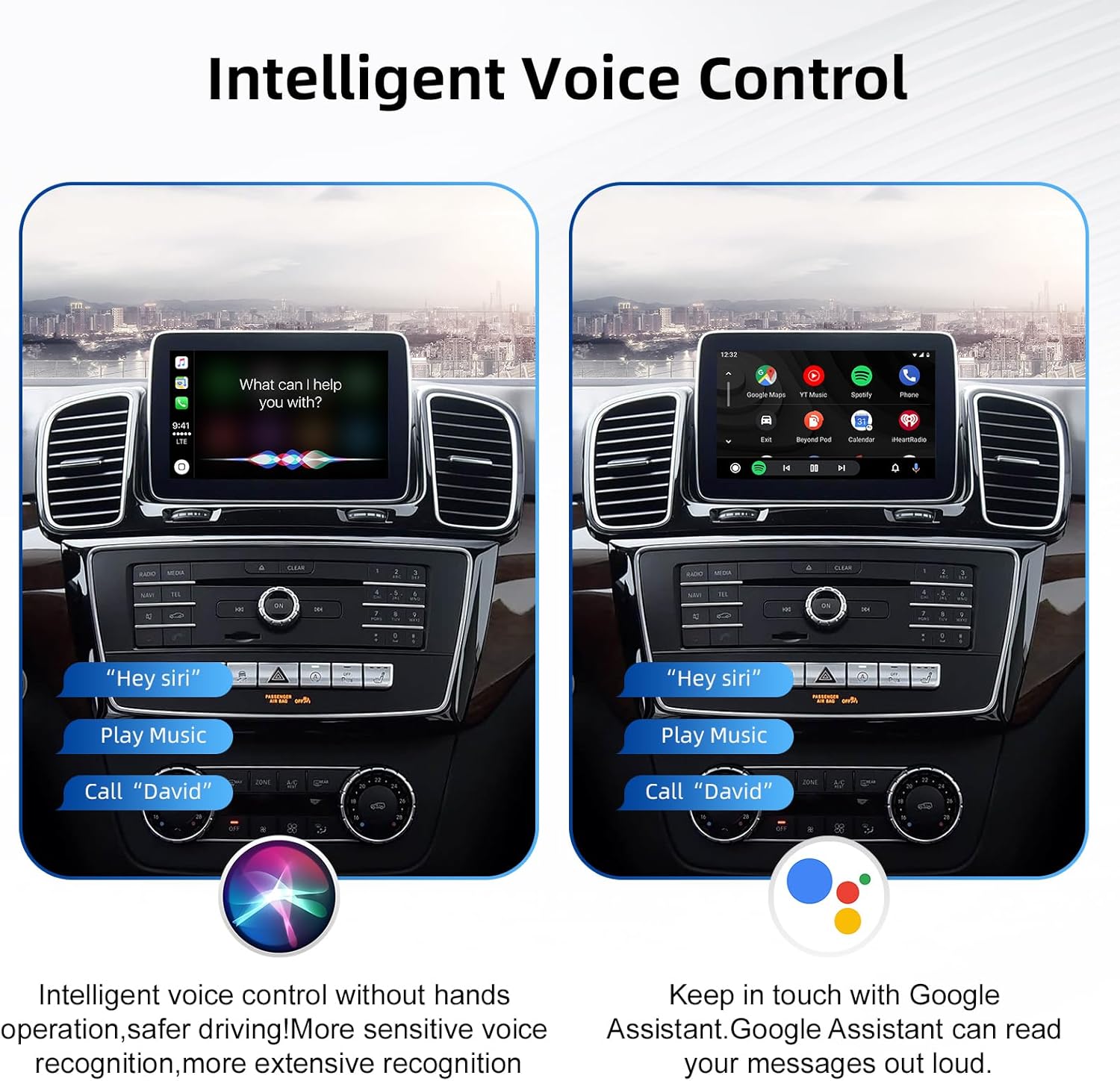 Car display showing Siri and Google Assistant voice control interfaces