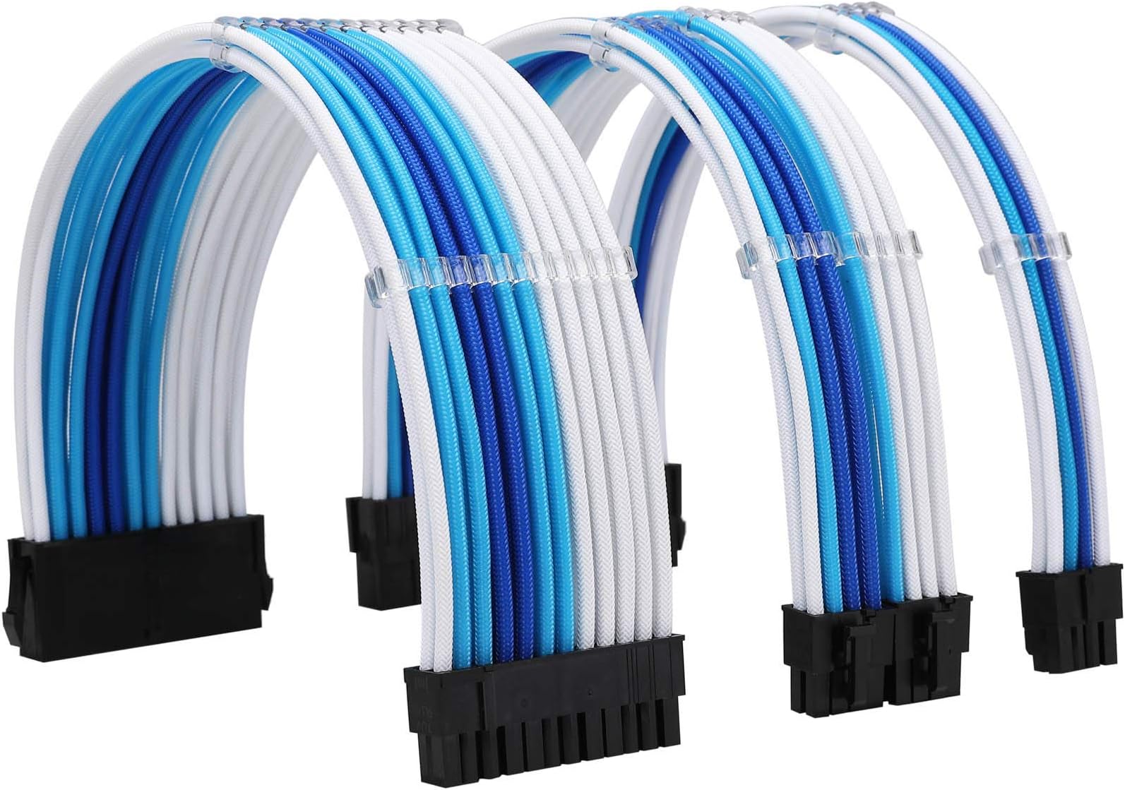 Sleeve Extension Power Supply Cable Kit 18AWG ATX 24P+ EPS 8-P+PCI-E8-P with Combs for PSU to Motherboard/GPU Fm-NCK3 (White Sky Blue Deep Blue)