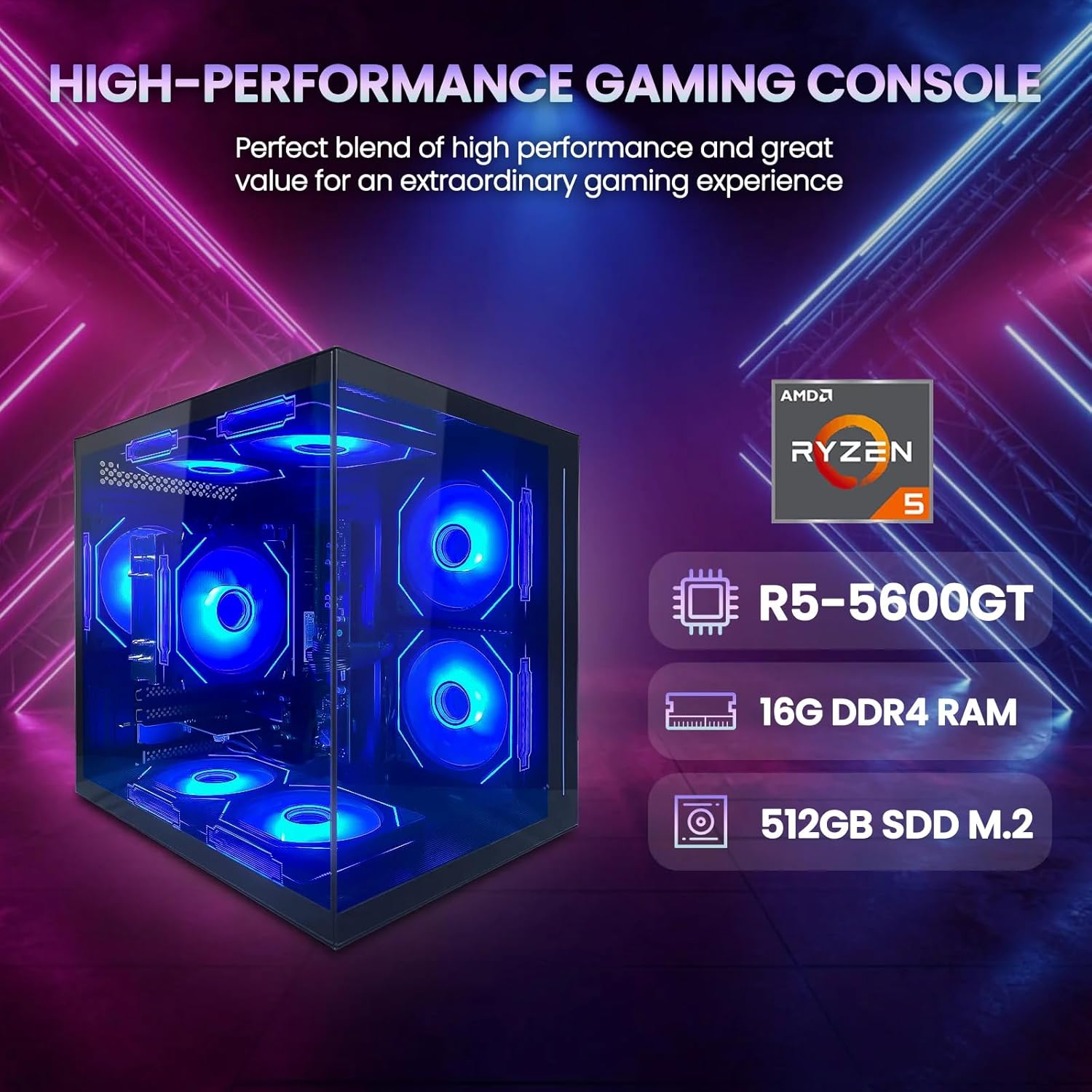 Gaming Desktop Computer | 16G Memory | 512G SSD | AMD Ryzen5 5600GT | 6Core CPU Integration Radeon Vega Graphics | Wi-Fi Prebuilt Gamer Pc Black