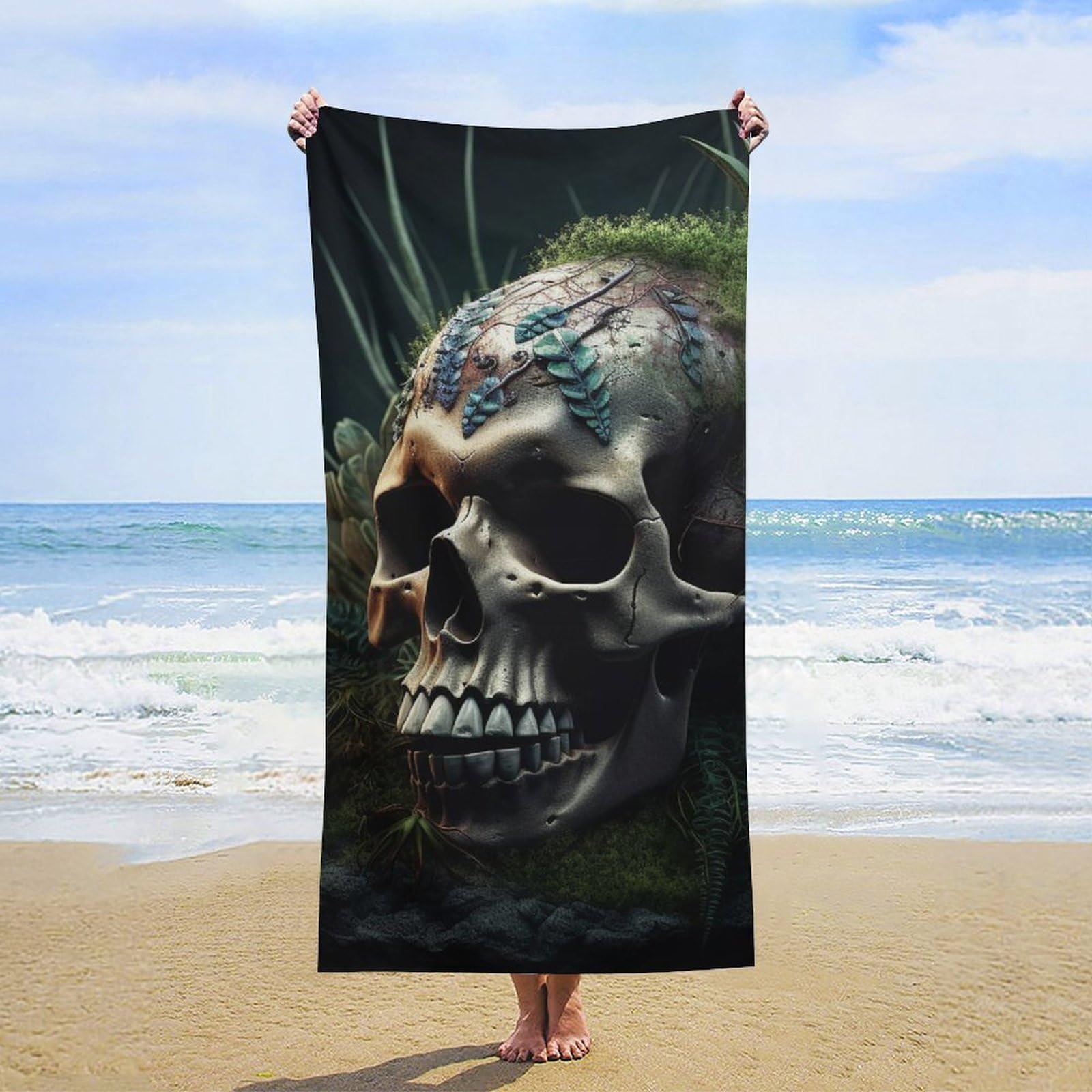 NTVOWPZO Skull and Plants Beach Towel Oversized Microfiber Bath Towels Lightweight Sand Proof Beach Towels Absorbent Pool Towels for Swimming Yoga Bathroom Towel 31.5" X 63"
