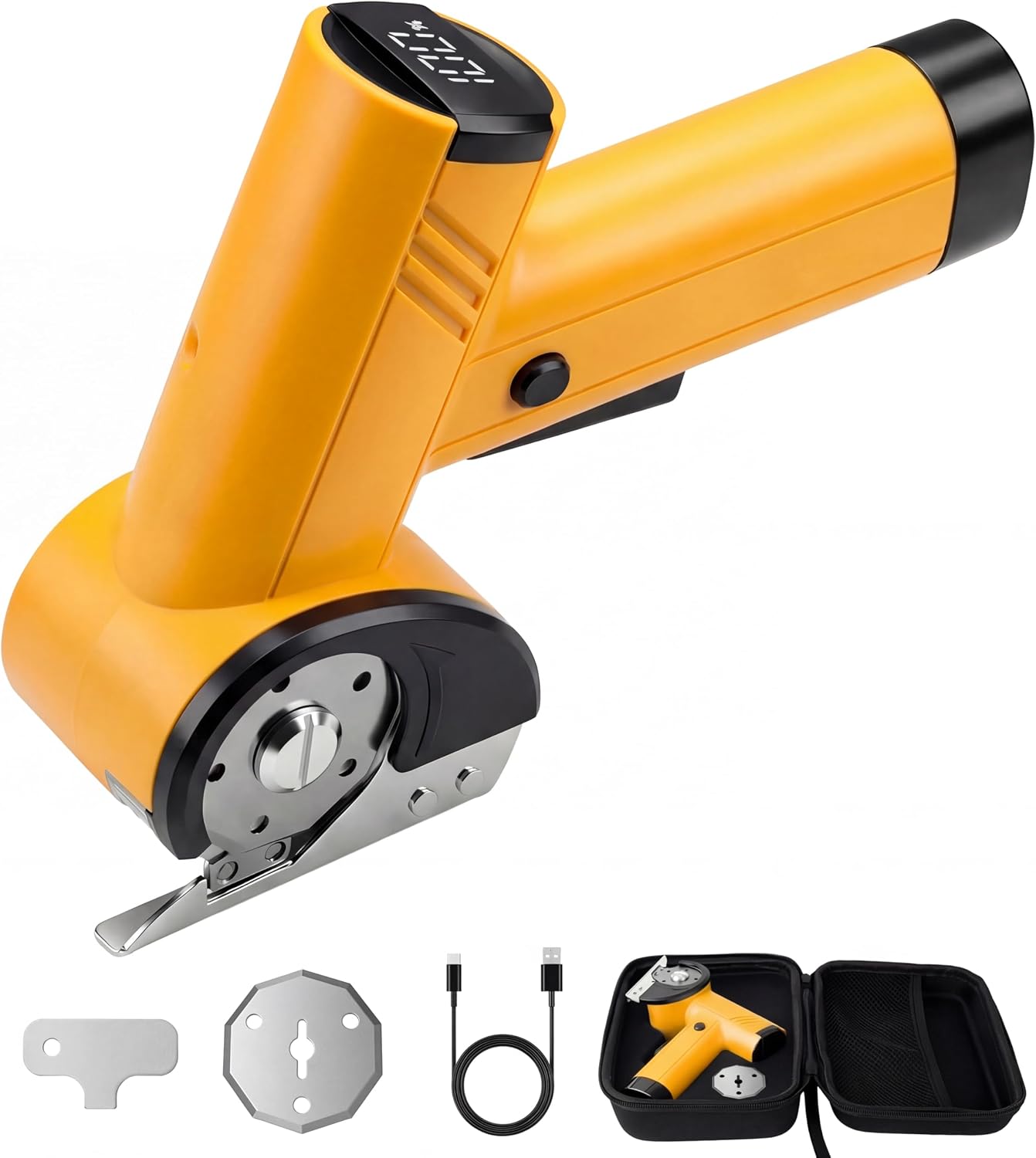 4.2V Electric Cardboard Cutter - 4 Speed Adjustable, LED Light, Battery Level Display, Replacement Blades, Rechargeable Cordless Electric Scissors for Plastic, Carpet, Leather (White)