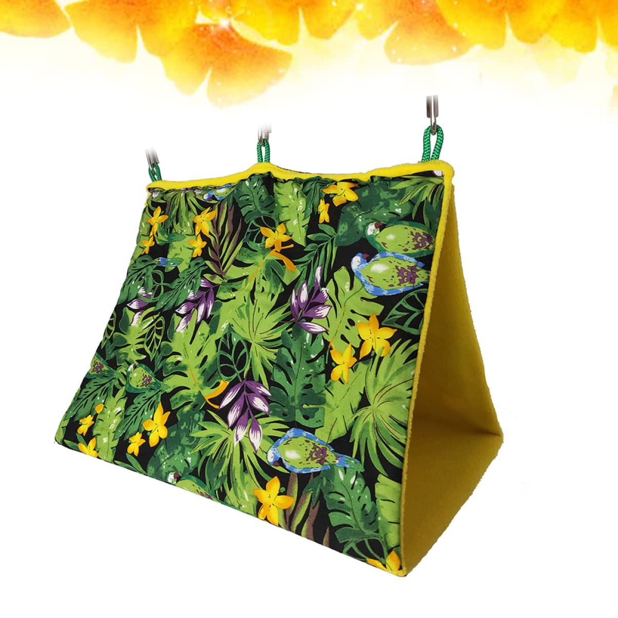 Happyyami Hamac Suspendu Nid Oiseau Vert en Tissu pour Perroquet Motif Forêt Tropicale Lit Confortable et Sécurisé pour Canaris et Alouettes, pour Porte ou Chevet