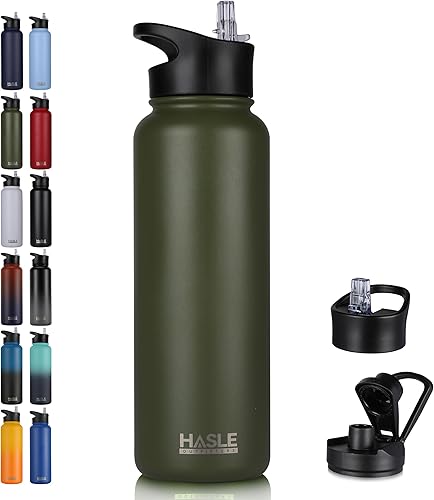 Miniatura 64 de HASLE OUTFITTERS Botella de agua deportiva de acero inoxidable de 32 onzas, aislada al vacío, de doble pared, a prueba de fugas, con 2 tapas (tapa