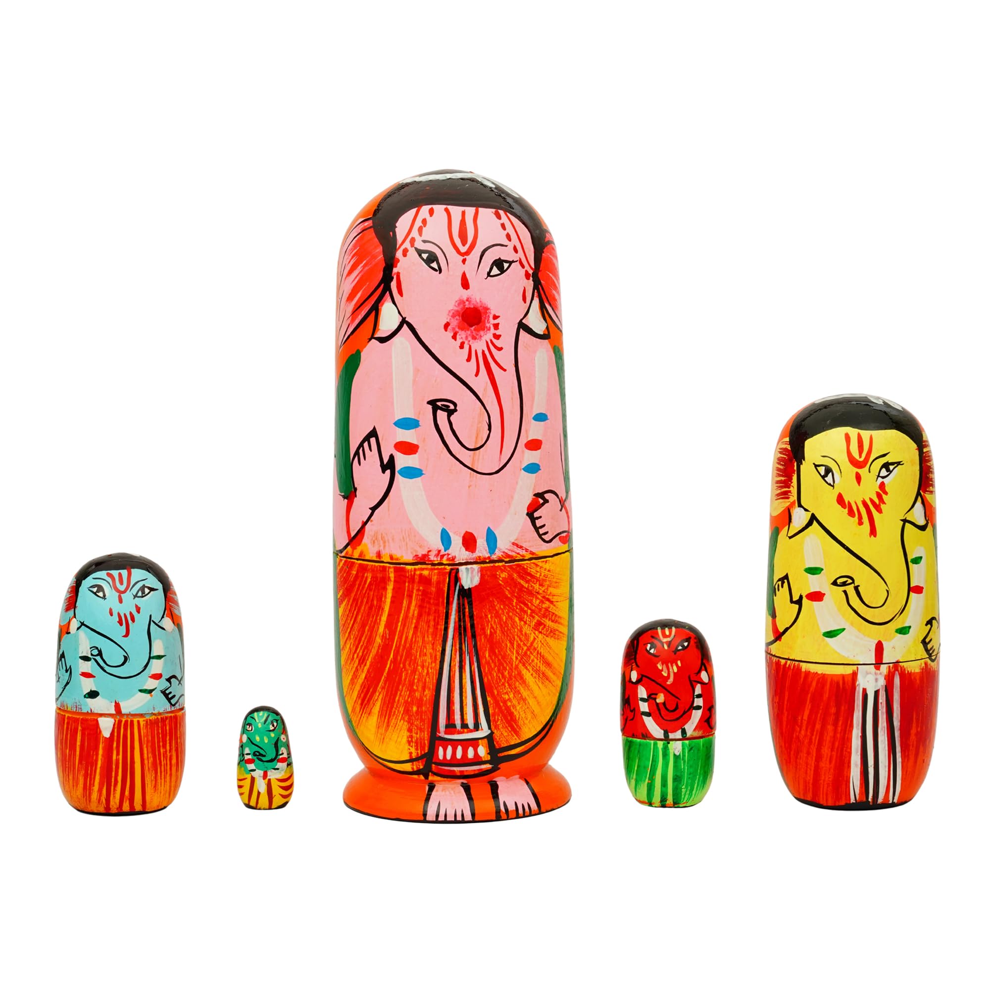 Fine Craft India Wooden Ganesha Nesting Dolls – Set of 5 Hand-Painted Decorative Lord Ganesh Figurines | Indian Spiritual Decor for Home, Gift, Temple or Festive Use - Image 7 thumbnail