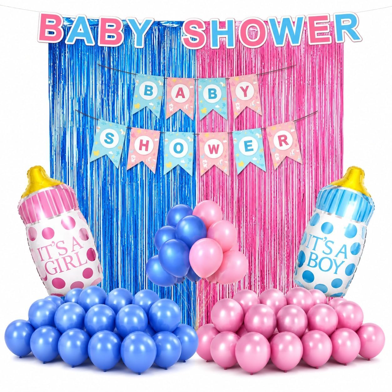 Baby Shower Decoration Kit for Boy & Girl | Balloon Decoration Set with Foil Balloons, Metallic Fringe Curtains, Banner, BABY Boxes & Party Decoration Supplies for Welcome Baby Celebration (DESIGN 1)-image-7