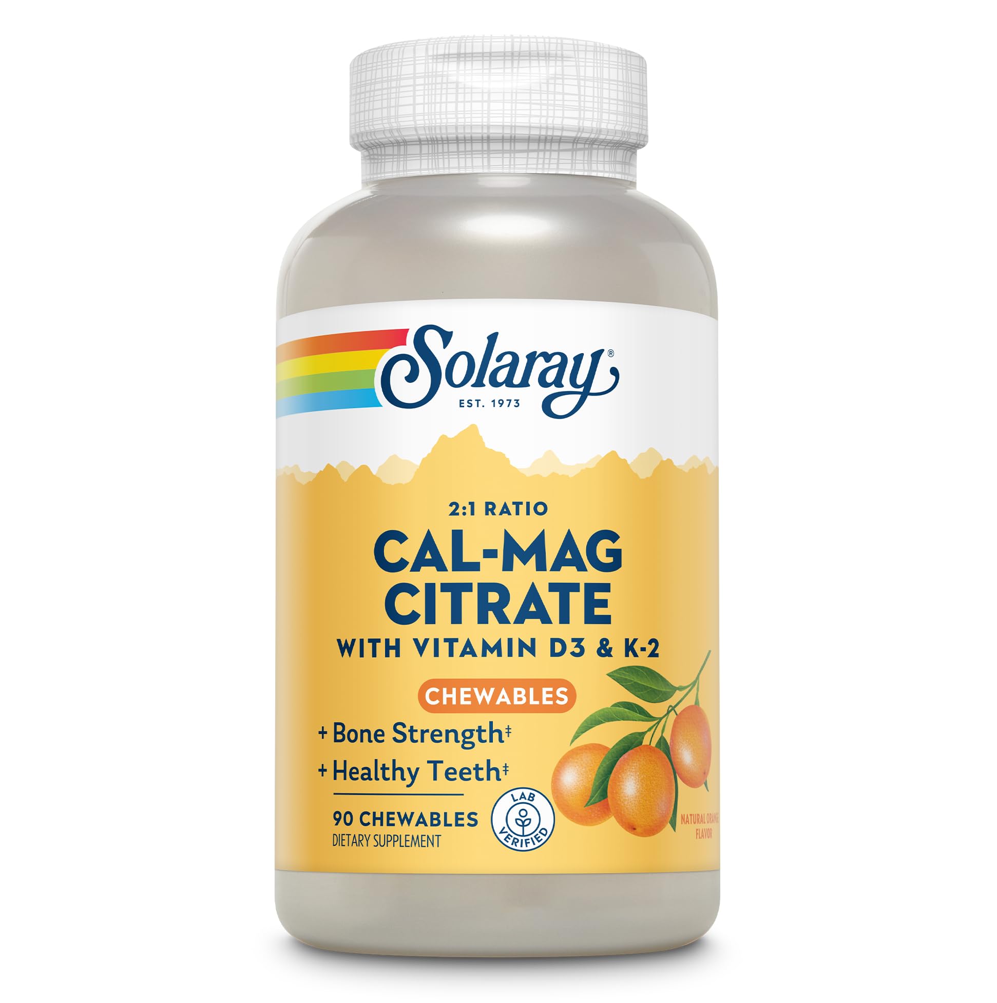 SOLARAY Cal-Mag Citrate Plus D-3 & K-2 Orange Chewables | 90 Count