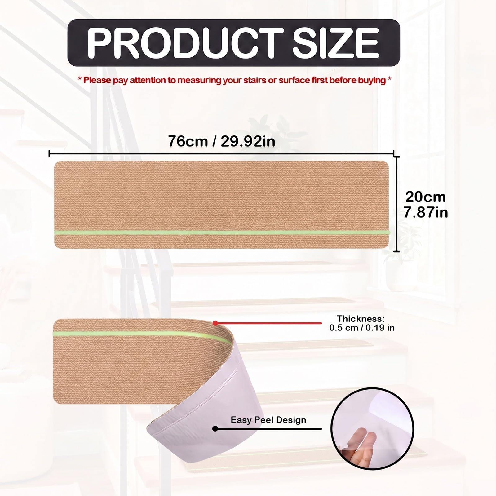 15 Stück Treppenstufen Matten, 76cm x 20cm Treppenmatten Selbstklebend, Treppenteppich mit Im Dunkeln leuchtenden Streifen, Wasserdichtes, für Ältere, Kinder und Haustiere (Beige)