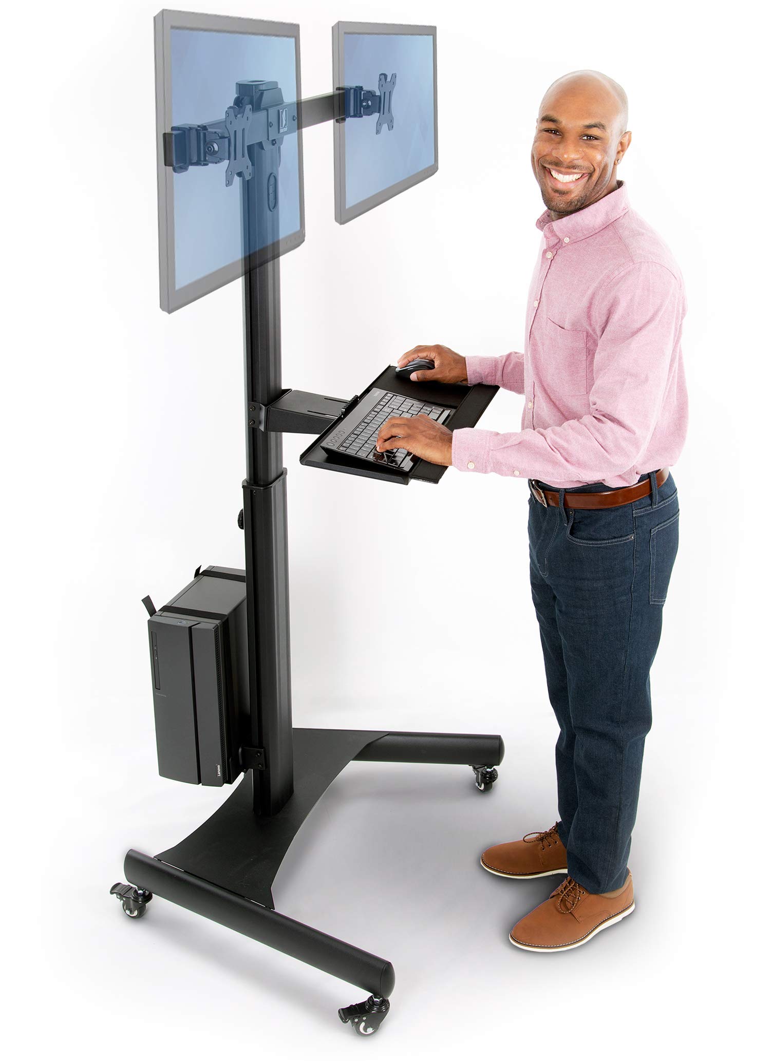 Stand Steady Dual Monitor Mobile Workstation with Keyboard Tray, CPU