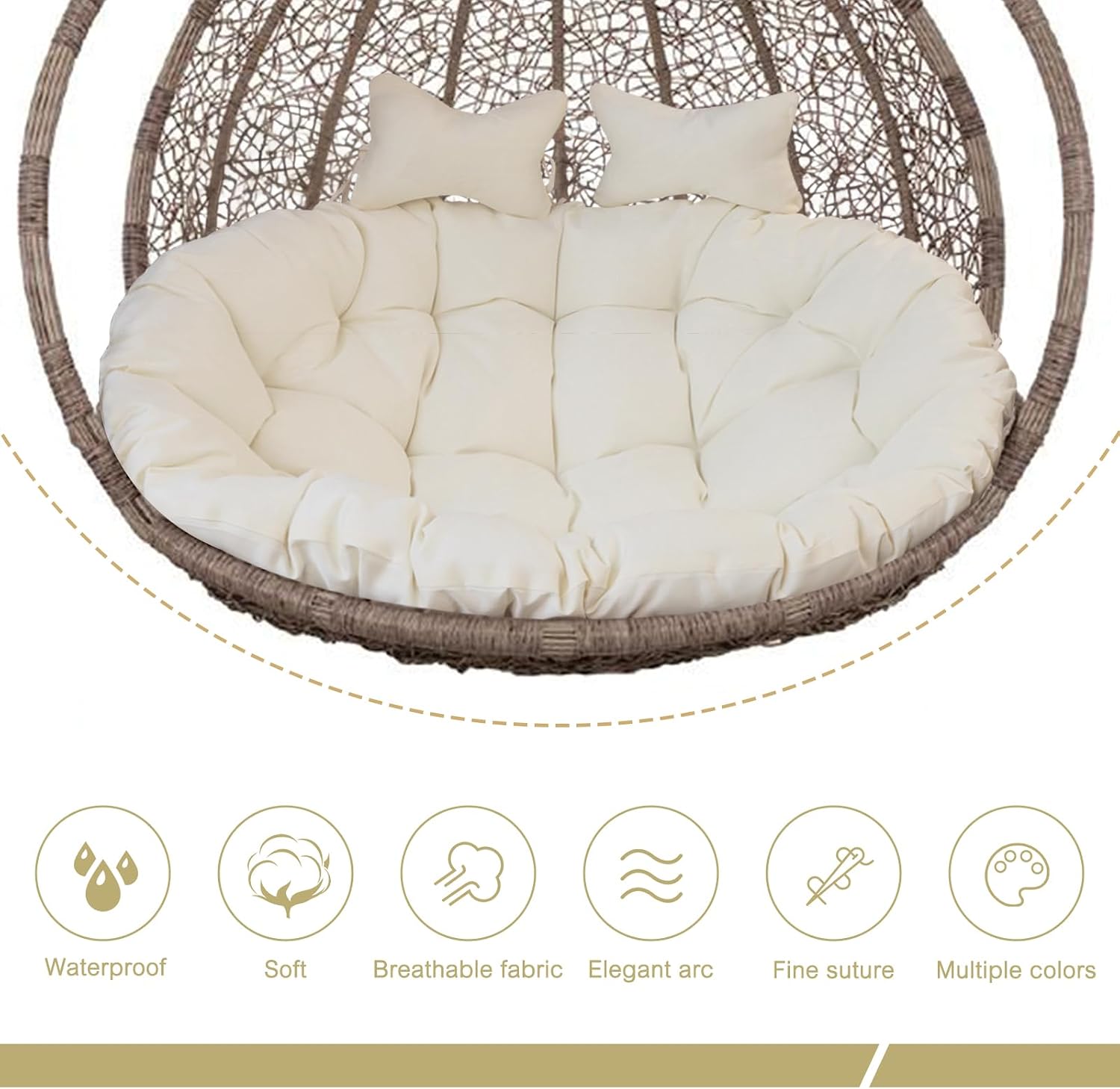 ANMINY 2-Seater Hanging Egg Chair Cushion Thickened 6.3Inch Waterproof Anti-UV Hammock Swing Chair Replacement Cushion, Washable Outdoor Hanging Basket Pads with 2 Detachable Pillows Light Yellow