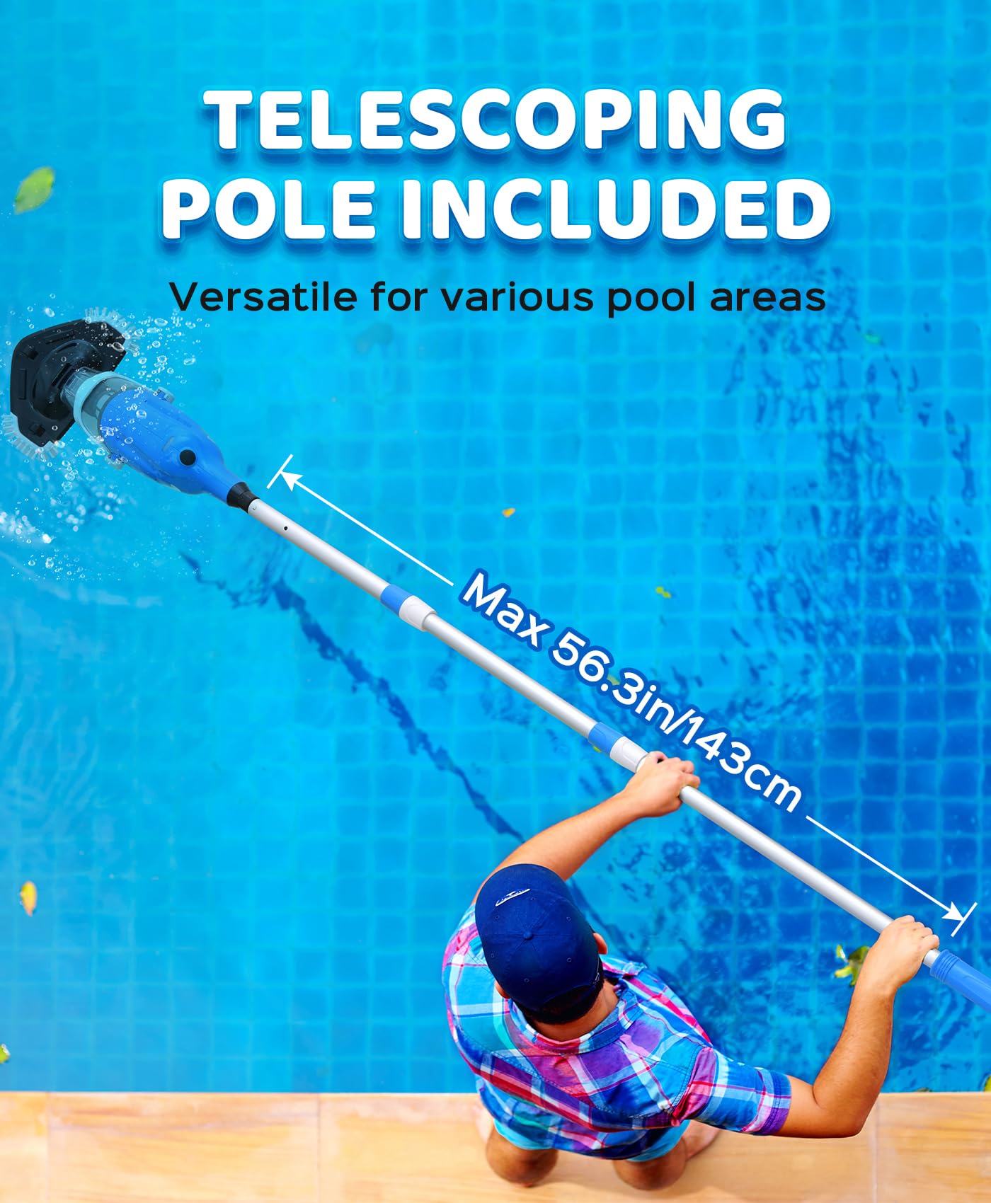 Pool Vacuum for Above Ground Pool with a Telescopic Pole, 80Mins Runtime, Handheld Rechargeable Pool Cleaner with 18.5 Gallons/min Powerful Suction for Above Ground/Inground Pools, Hot Tubs, Spas - 4