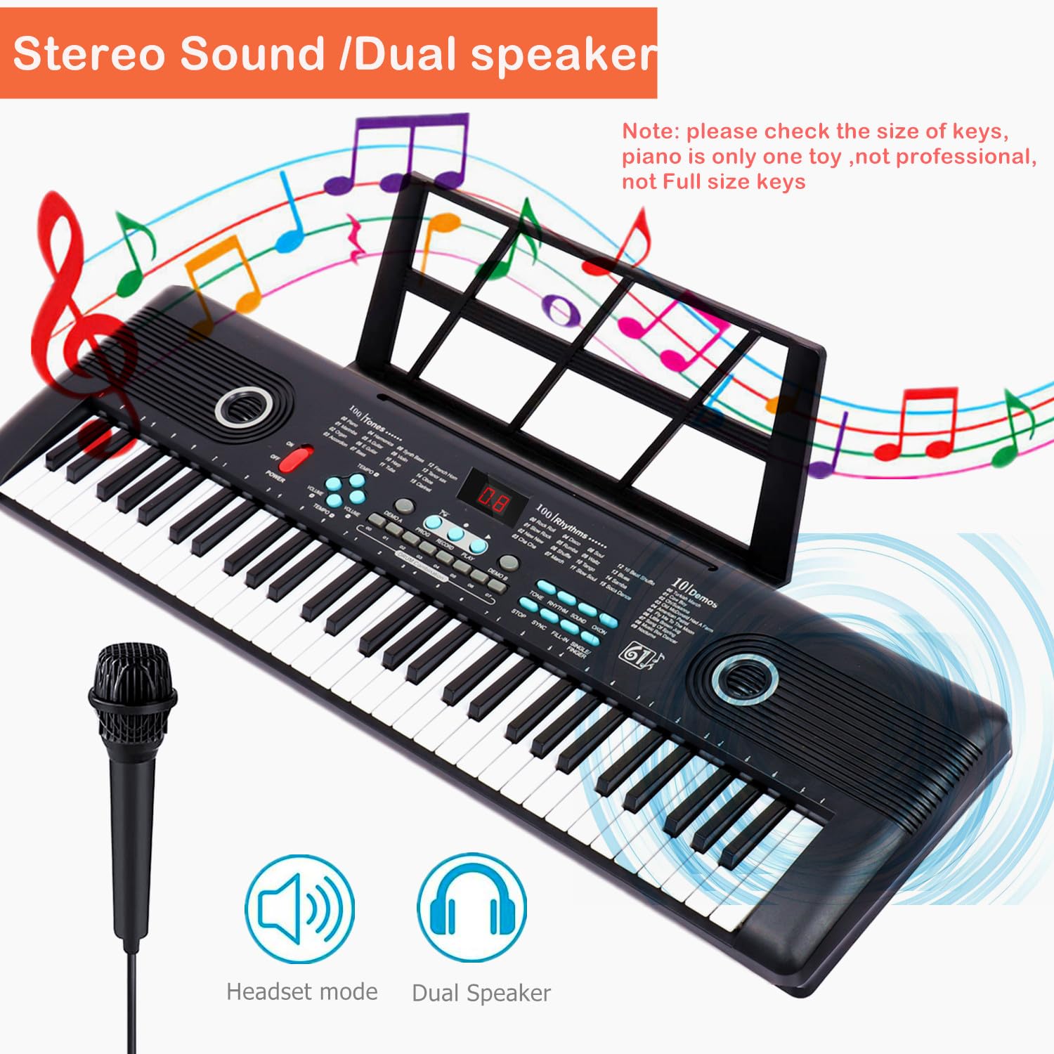 Keyboard Piano 61 Key Music Electric Piano For Kids Beginner W/Dual Speaker Microphone Portable Digital Piano Birthday Christmas Gifts