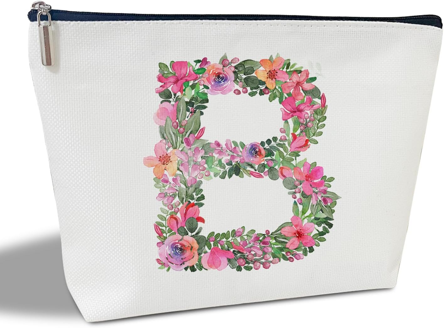initial letter b gifts for women mom friend besties sister, flower monogrammed makeup bag, cosmetic travel bag with zipper for mother's day wedding graduation, bride bridesmaid pouch toiletry bag - 02 white-b