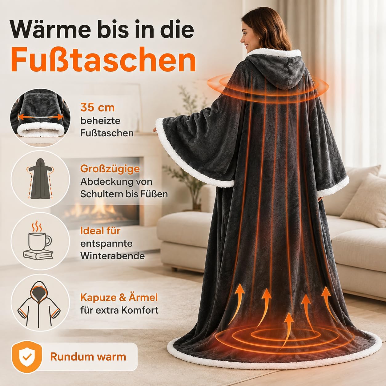 Pealeaf Beheizbare Decke mit Ärmeln und Fußtaschen, 8 Heizstufen, 6 Timer, Waschbar (Mit Füßen)