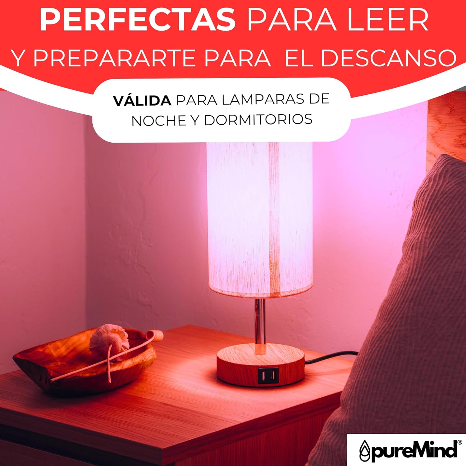 Puremind Luz Roja Nocturna Melatonina E27 - Bombilla Roja Terapia para Dormir - Tecnologa Flicker Free + 0% Luz Azul + Rosca Estndar + Mejora del Ritmo de Descanso