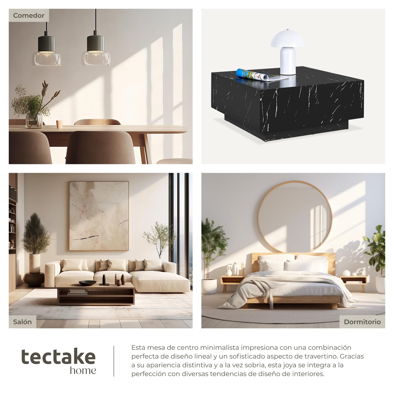 tectake® Mesa de Centro con Diseño Minimalista, Mesa Auxiliar Salon para Mueble Salon Moderno, Mesas Auxiliares, Mueble Comedor, Mesitas de Noche - 80 x 80 x 35 cm Aspecto Mármol Negro