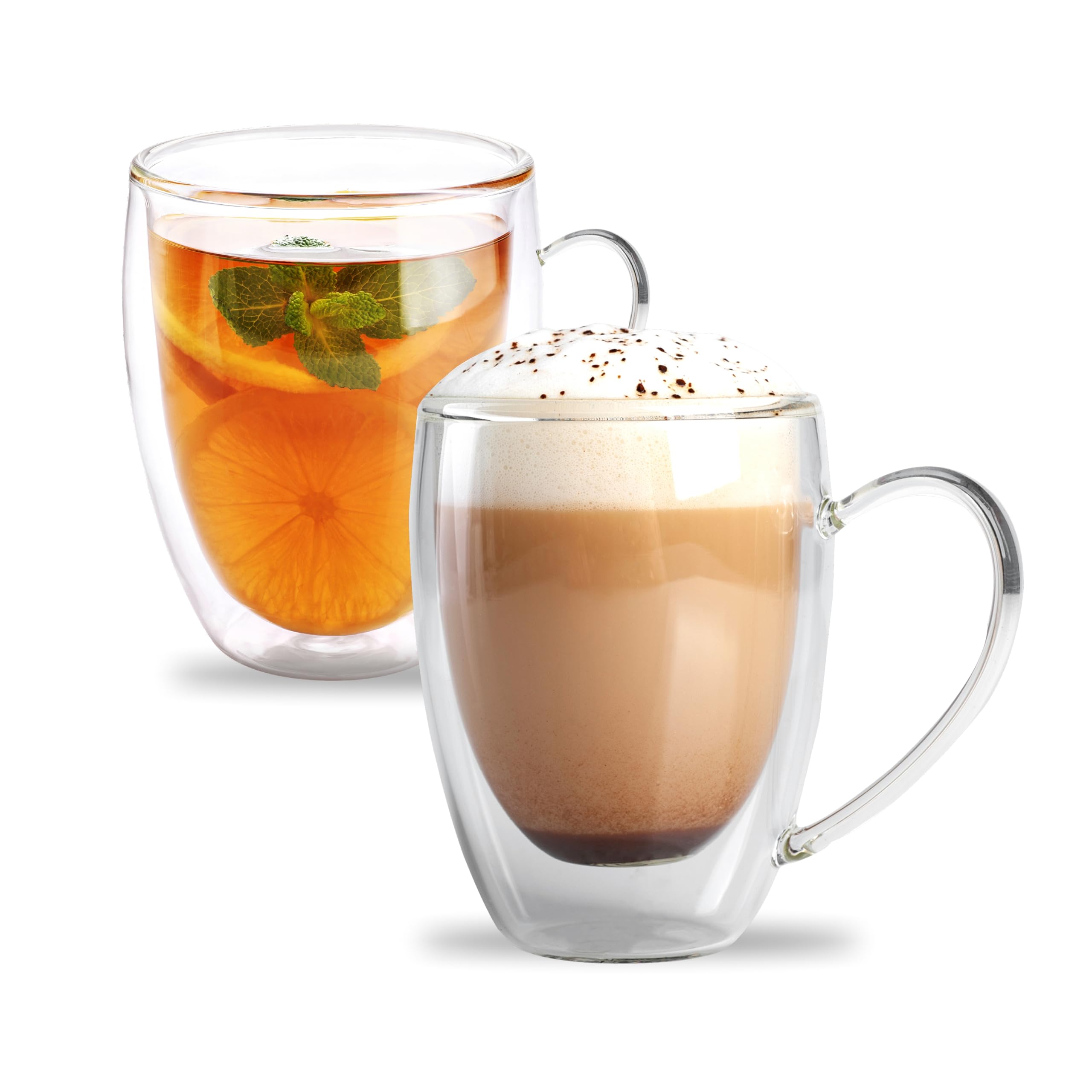Double Walled Glass Coffee Mugs Set of 2, 12 OZ Clear Glass Insulated Mugs with Handle for Cappuccino, Tea, Latte, Cups, Beverage Glasses Heat Resistant
