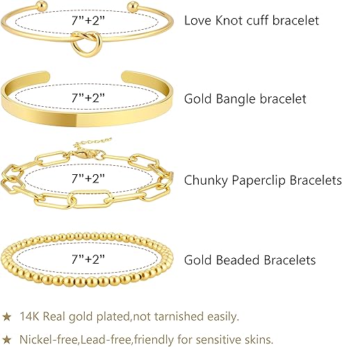 Miniatura 5 de Reoxvo Pulseras de oro para mujer, chapado en oro de 14 quilates, juego de pulseras de latón con dije de latón para mujer, no se deslustra, cuentas