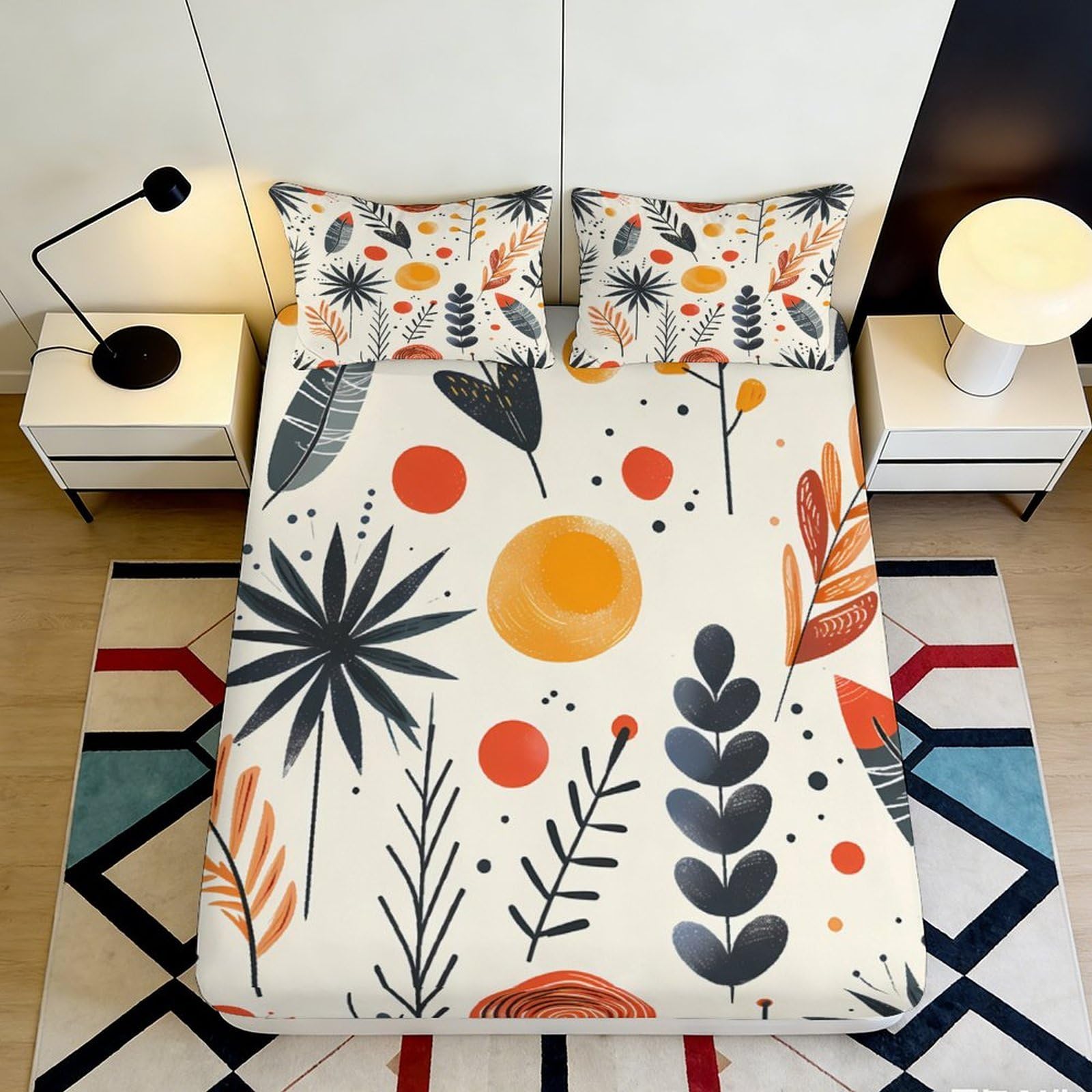 3D Printed Abstract Botanical Fitted Sheet Microfiber Orange Geometric Mattress Cover for Bedroom Guest Room Decor 90x200x25cm