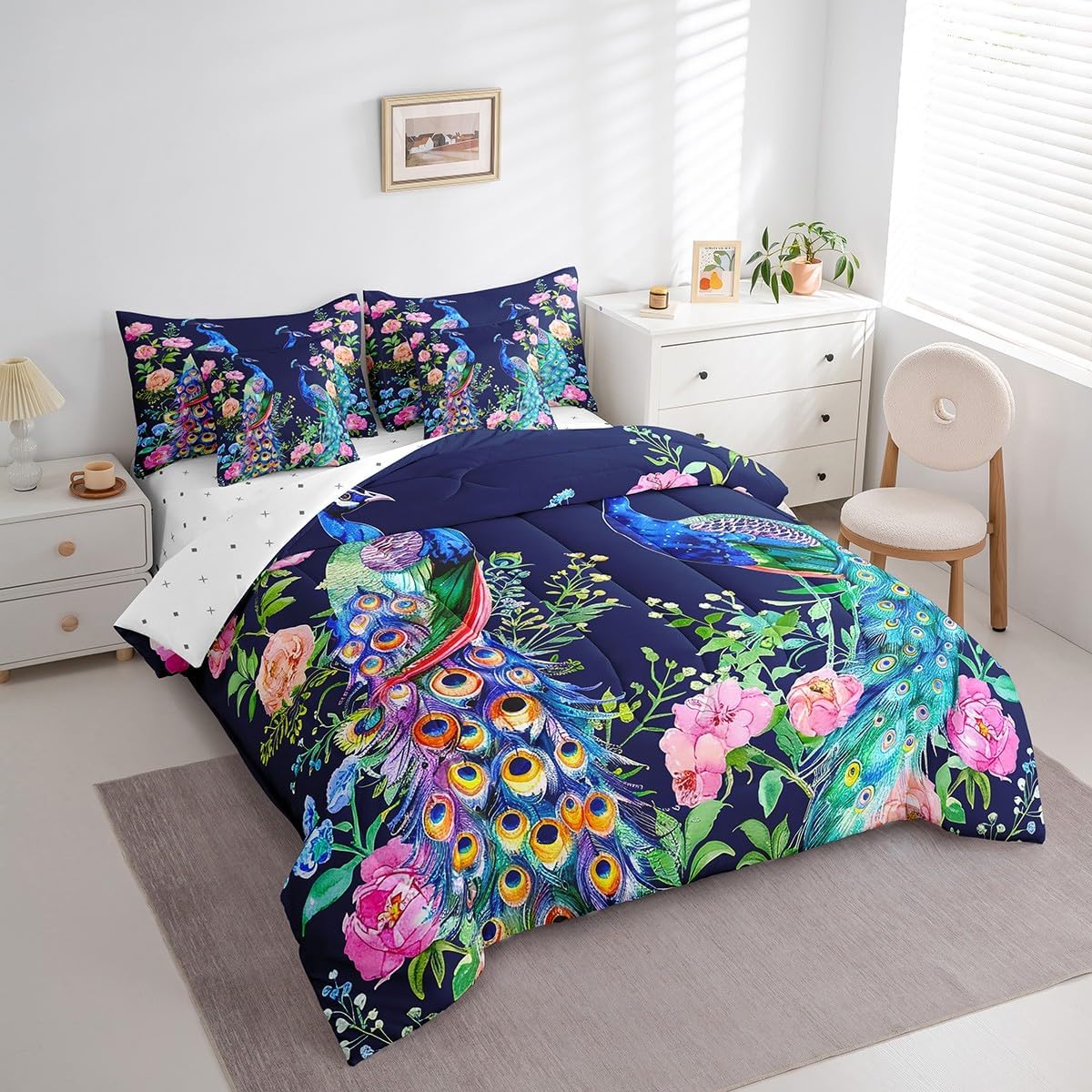 Erosebridal Peacock Bed in a Bag King Size Comforter Set 7 Pieces,Watercolor Flower Bedding Sets Rustic Aesthetic Animal Feather Sheet Set with Comforter - Image 2