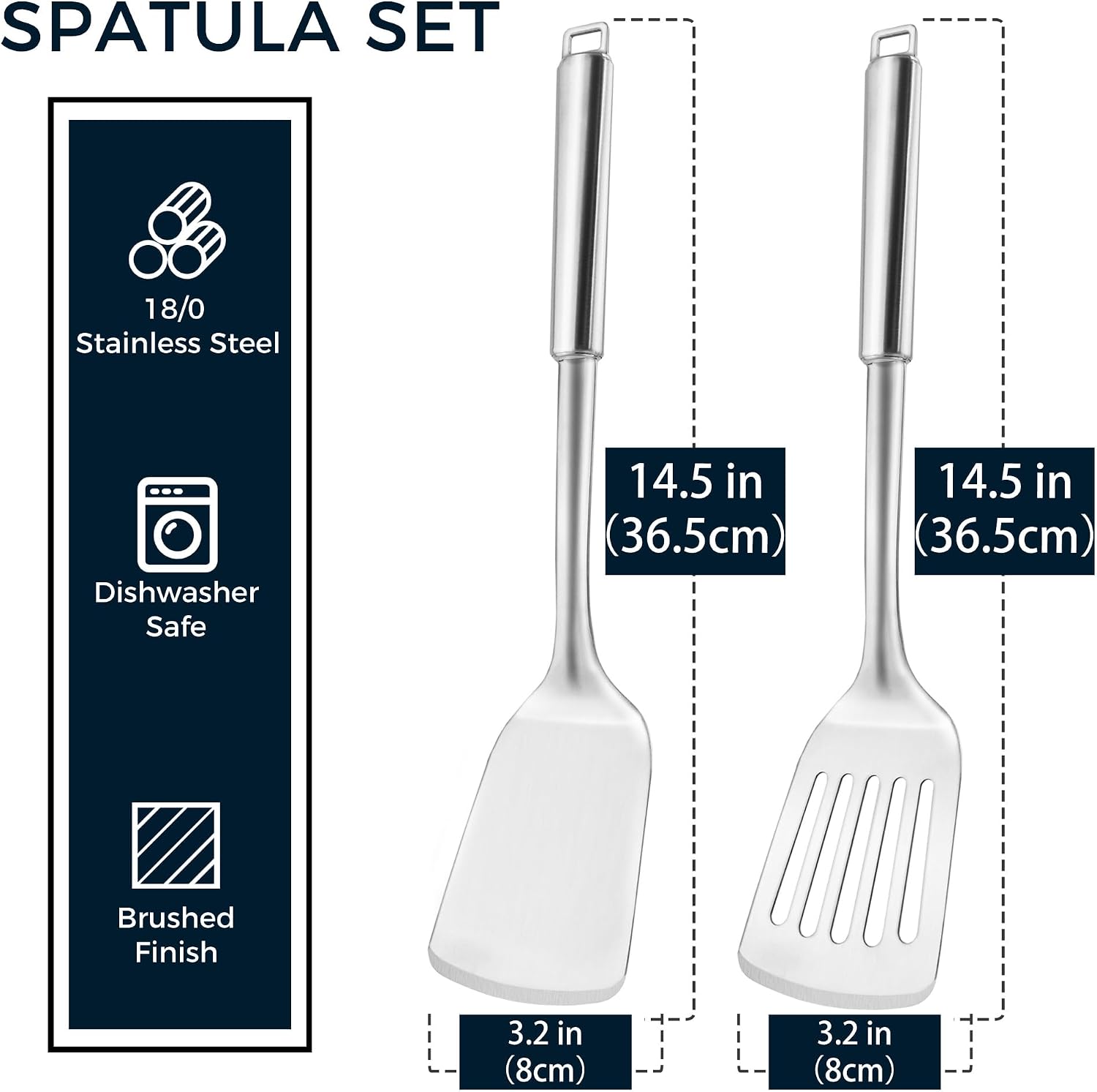 14.5-in Stainless Steel Spatula Set, 18/0 SS Heavy Duty Turner & Slotted Spatula for Kitchen Use, Cast Iron Grilling Frying, Pack of 2