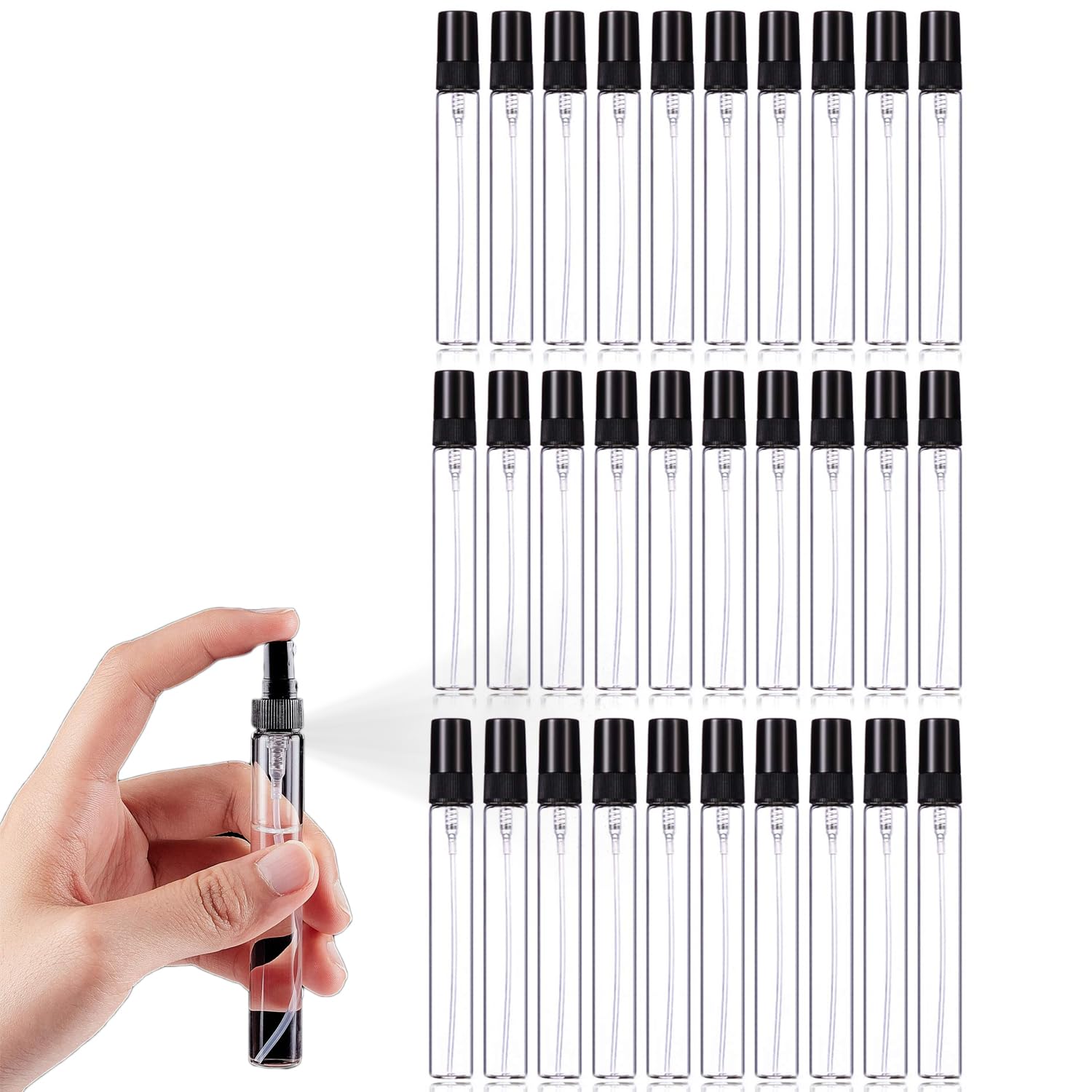QUEENADA30pcs 10ml Mini Spray Bottle - Mini Glass Fine Mist Spray Tubes Protable Transparent Bottle with Black Lids for Perfume, Toiletries Liquid, Cosmetic(Black)