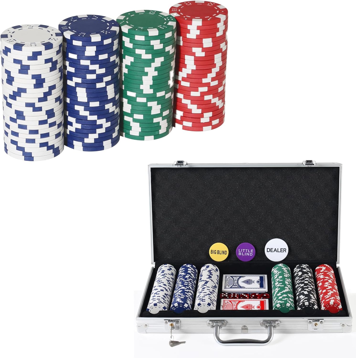 Poker Chips 100pcs & 300pcs Poker Chips Set with Aluminum Case,2 Decks of Cards, Dealer, Small Blind, Big Blind Buttons and 5 Dice,11.5 Gram