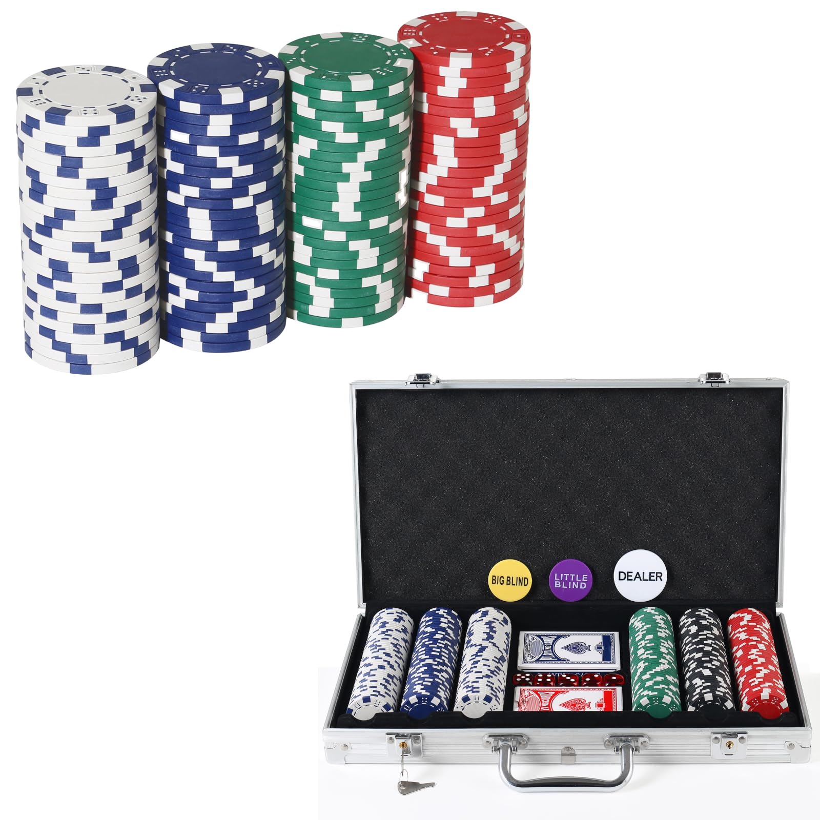 Poker Chips 100pcs & 300pcs Poker Chips Set with Aluminum Case,2 Decks of Cards, Dealer, Small Blind, Big Blind Buttons and 5 Dice,11.5 Gram