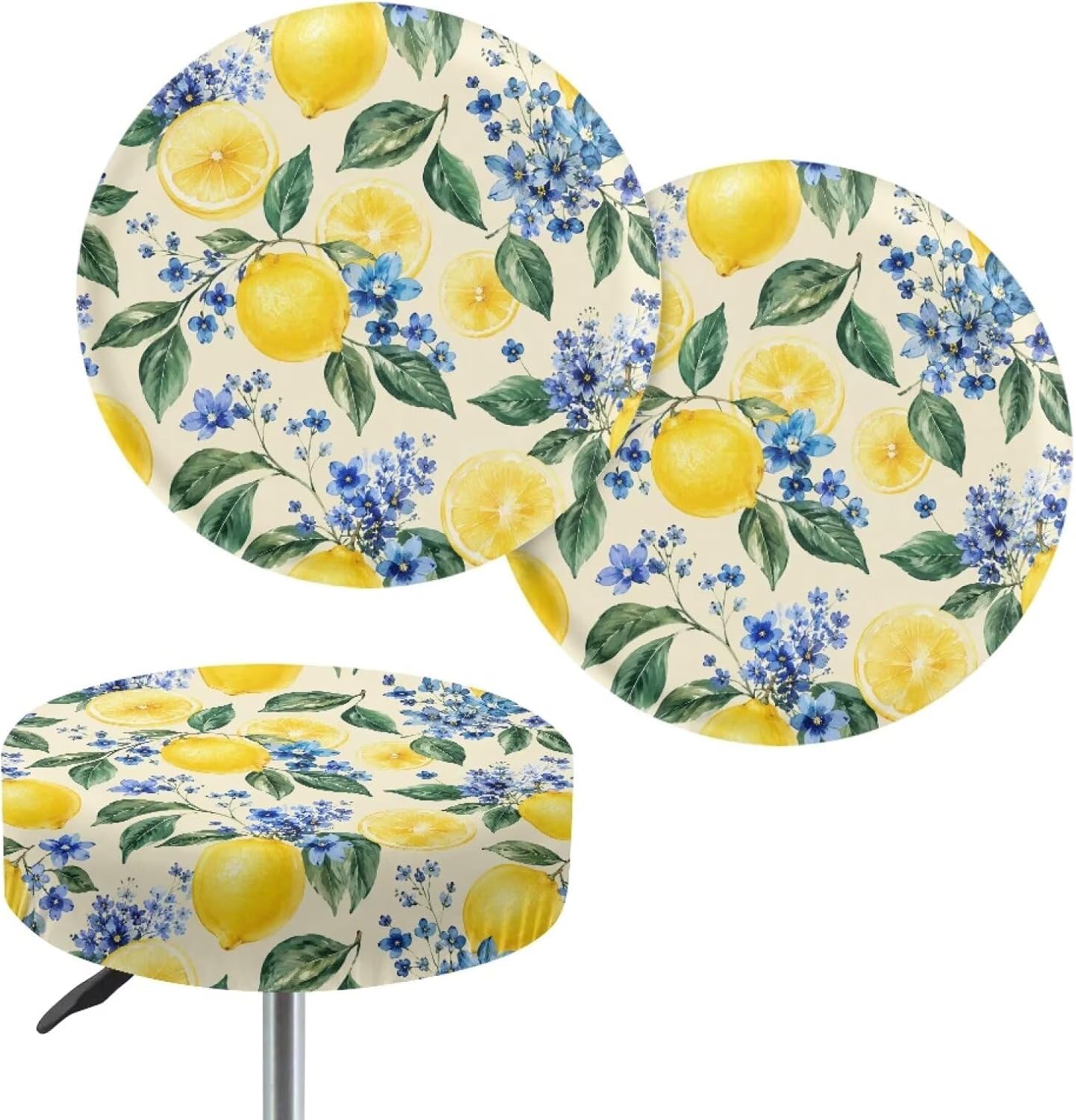 Lemon Flower Leaves Print 2 Pack Bar Stool Covers, Machine Washable Polyester Round Barstool Covers Anti-Slip Bar Stool Seat Cover Elastic Breathable Protective Cover, Large