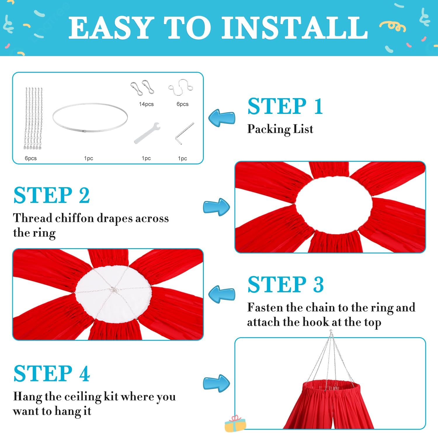 Red Ceiling Drapes 6 Panels 5x10ft with 12 Inch Ceiling Drapes Hanging Kit Silver Ceiling Drape Hoop Ring Kit Chiffon Ceiling Fabric Draping Fabric for Wedding Party Ceremony Decorations