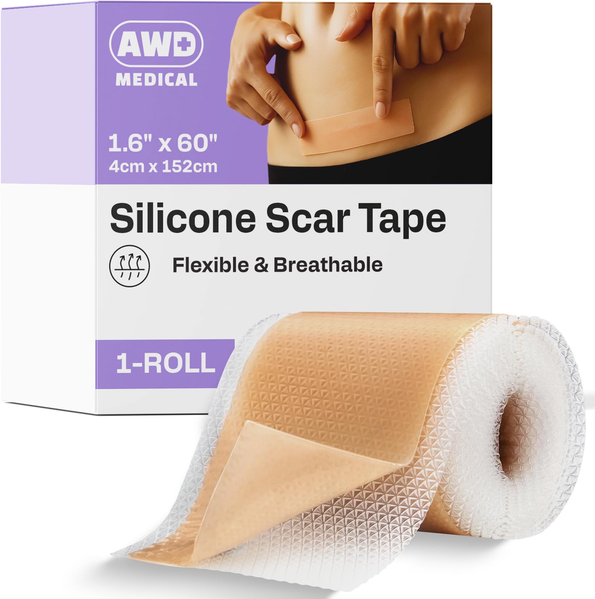 AWD Medical 100% Soft Silicone Gel Tape (1.6" x 60") Highly Comfortable Painless 6-8 Month Supply Acne Scar Treatment C Section Keloid Surgery Premium Hospital Medical Grade (4.1cm x 150cm )