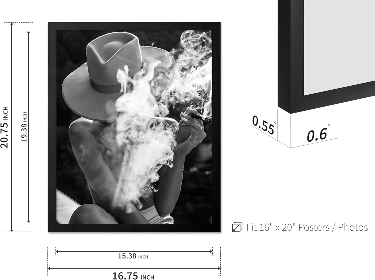 Poster Master Woman in Hat Poster - Smoking Cigarette Print - Cigar and Bar Cart Design - Black and White Photography - Bedroom or Living Room Wall Decor - 16x20 Black Framed