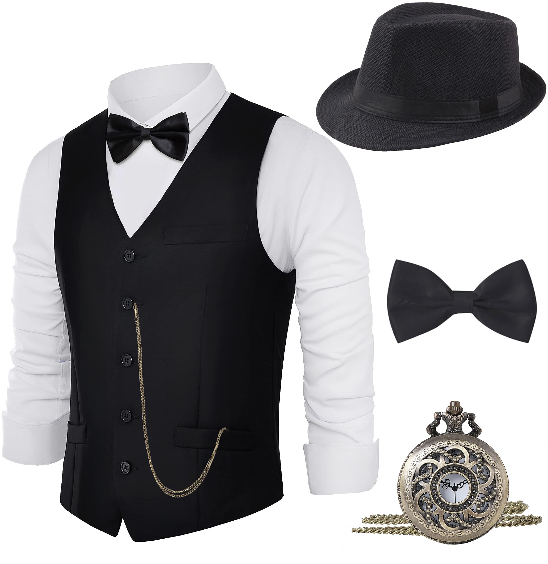 BABEYOND 1920s Mens Gangster Vest Costume Accessories Set Fedora Hat