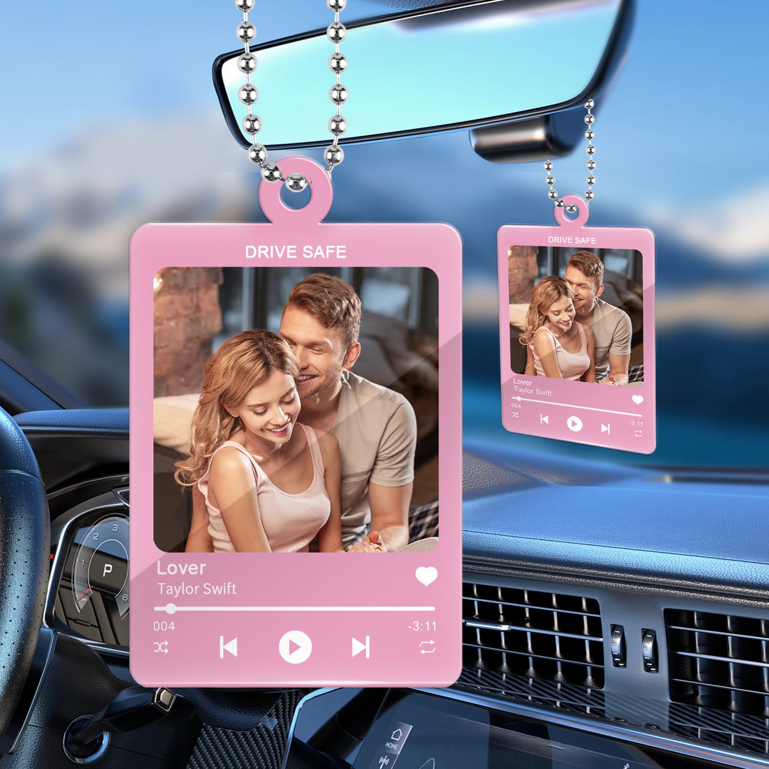 Personalised Custom Car Accessories with Photo & Song, Hanging Ornament for Rear View Mirror, Drive Safe Car Interior Decorations
