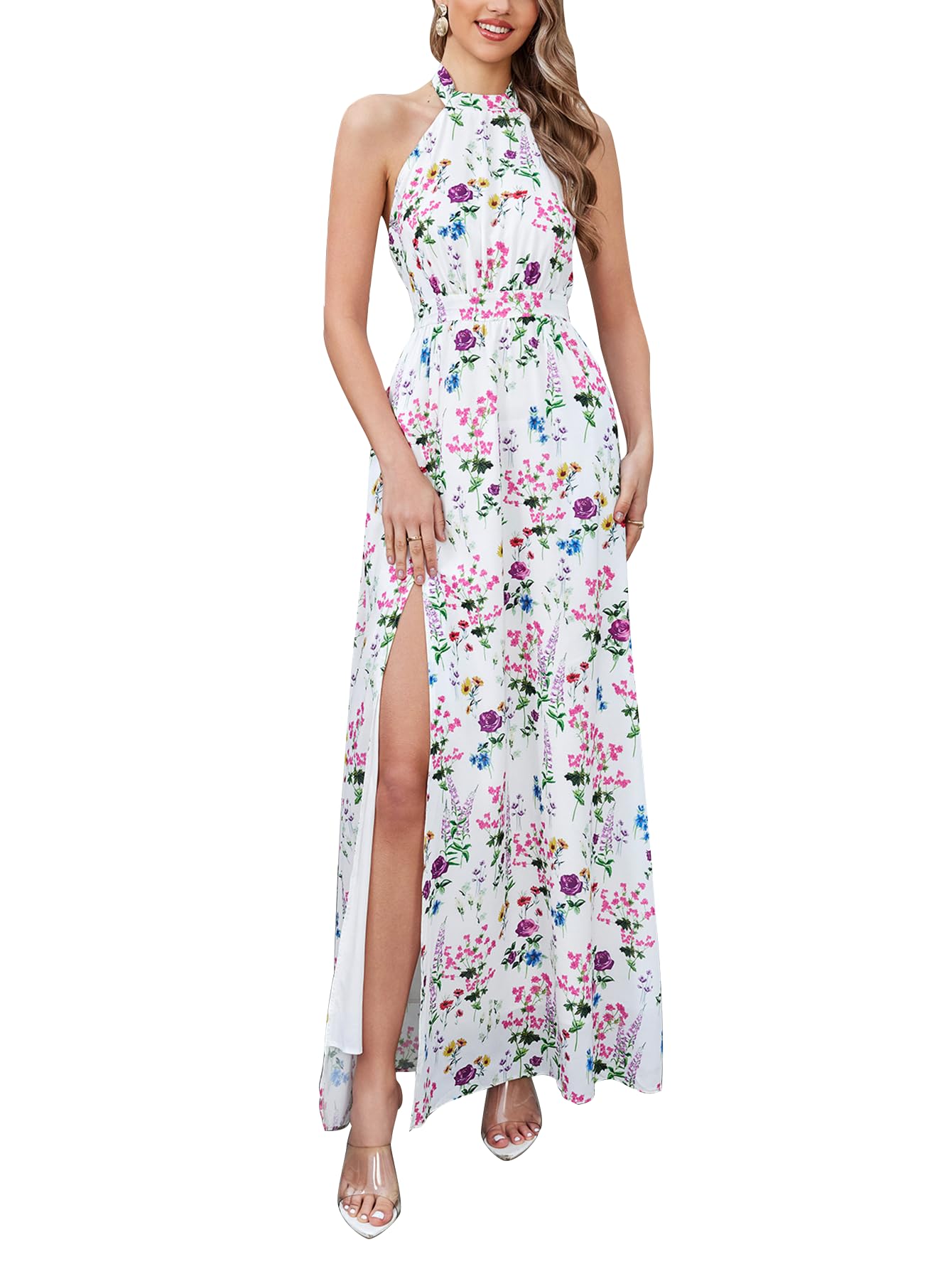 Women's Summer Floral Maxi Dress – Button-Up Front, Side Split, Flowery Boho Beach Dress - View #5