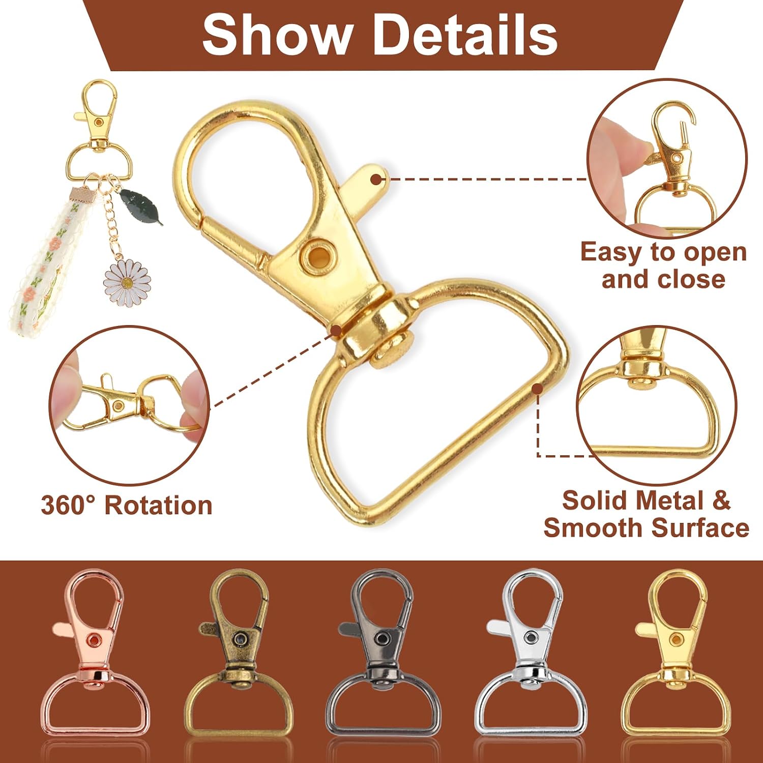 Metal Swivel Snaps Hooks, Keychain Bulk with Key Chain Swivel Hook D Rings and Slide Buckles for Key Lanyard Purse Bag Straps Dog Collars DIY Sewing Hardware(1 Inch)