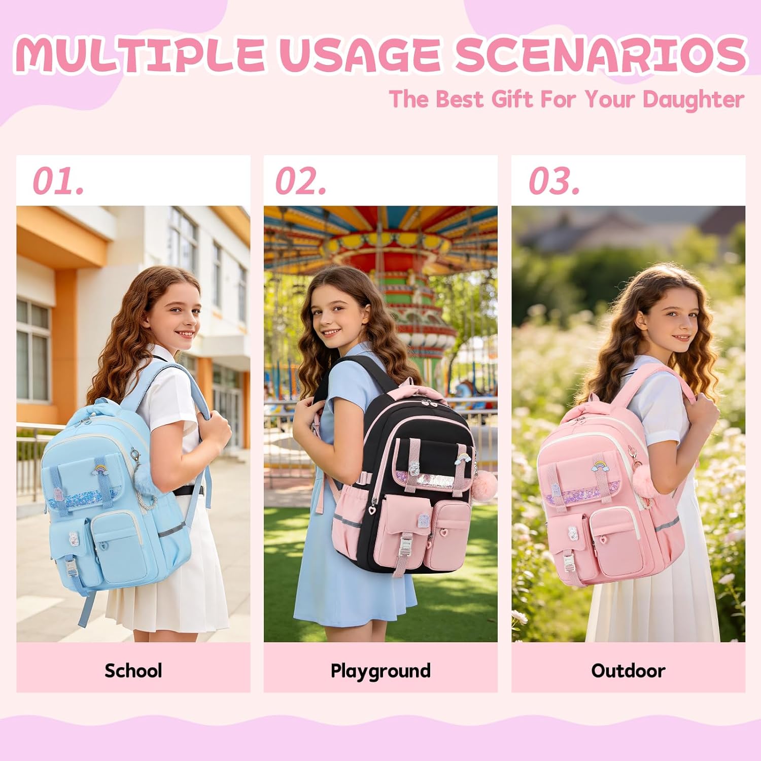 MUSEVOS Girls Backpack, Kids Backpack for Girls, School Bookbag for Teens Age 6-15, Large Capacity Water Resistant Backpack for Elementary to High School, Cute Travel Daypack, Black Pink