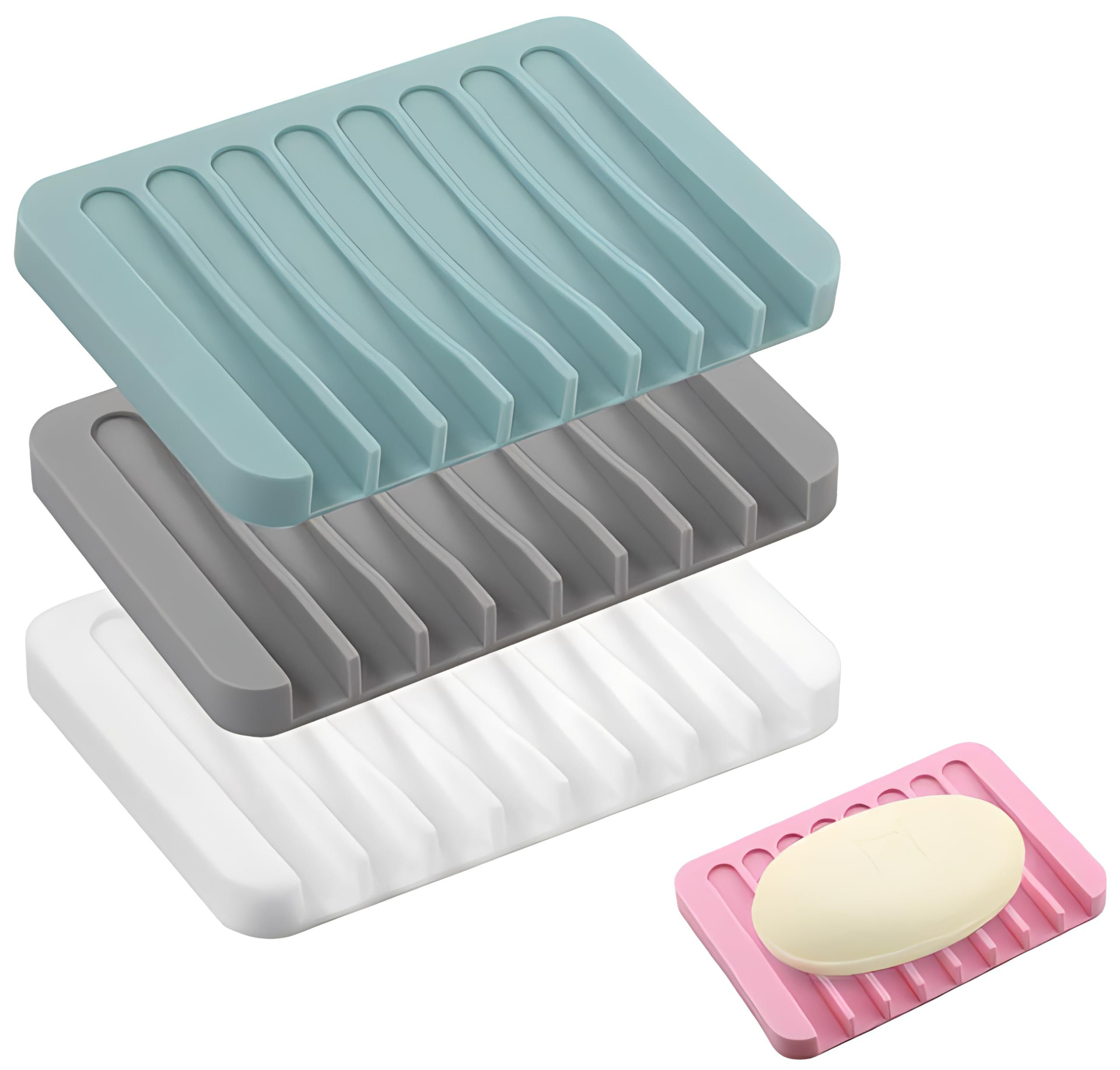 4PCS Self Draining Soap Holder Rack, Advanced Silicone Soap Dish Tray, Waterfall Drain, Suitable for Bathrooms, Kitchens, and Bathtubs, Extending Soap Life, Keeping Soap Bars Dry and Easy to Clean