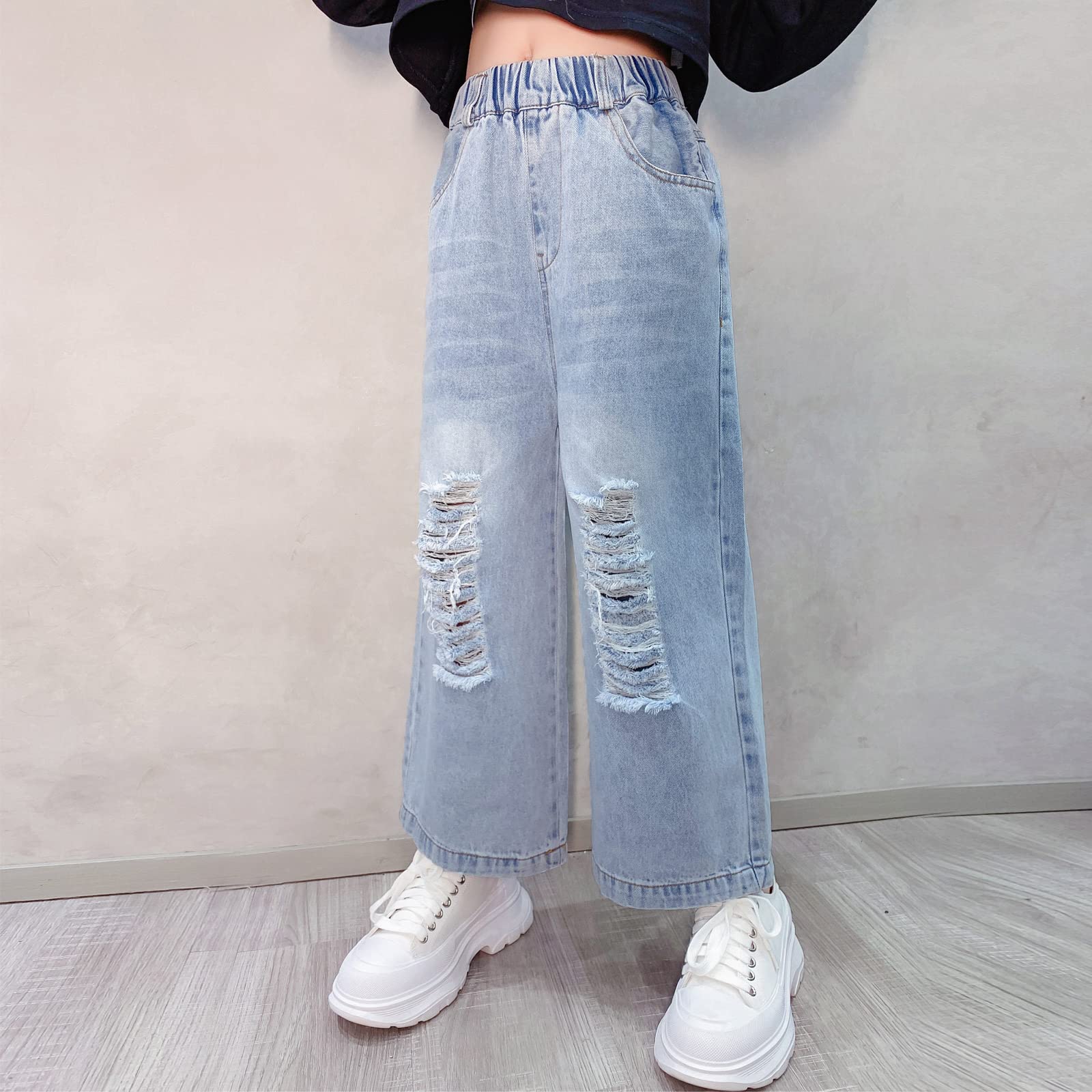 MEILONGER Pantaloni Jeans Baggy per Bambine, Gambe Larghe strappate, con Buchi Strappati, Vita Alta Casual Taglie 8, 10-12, 14-16