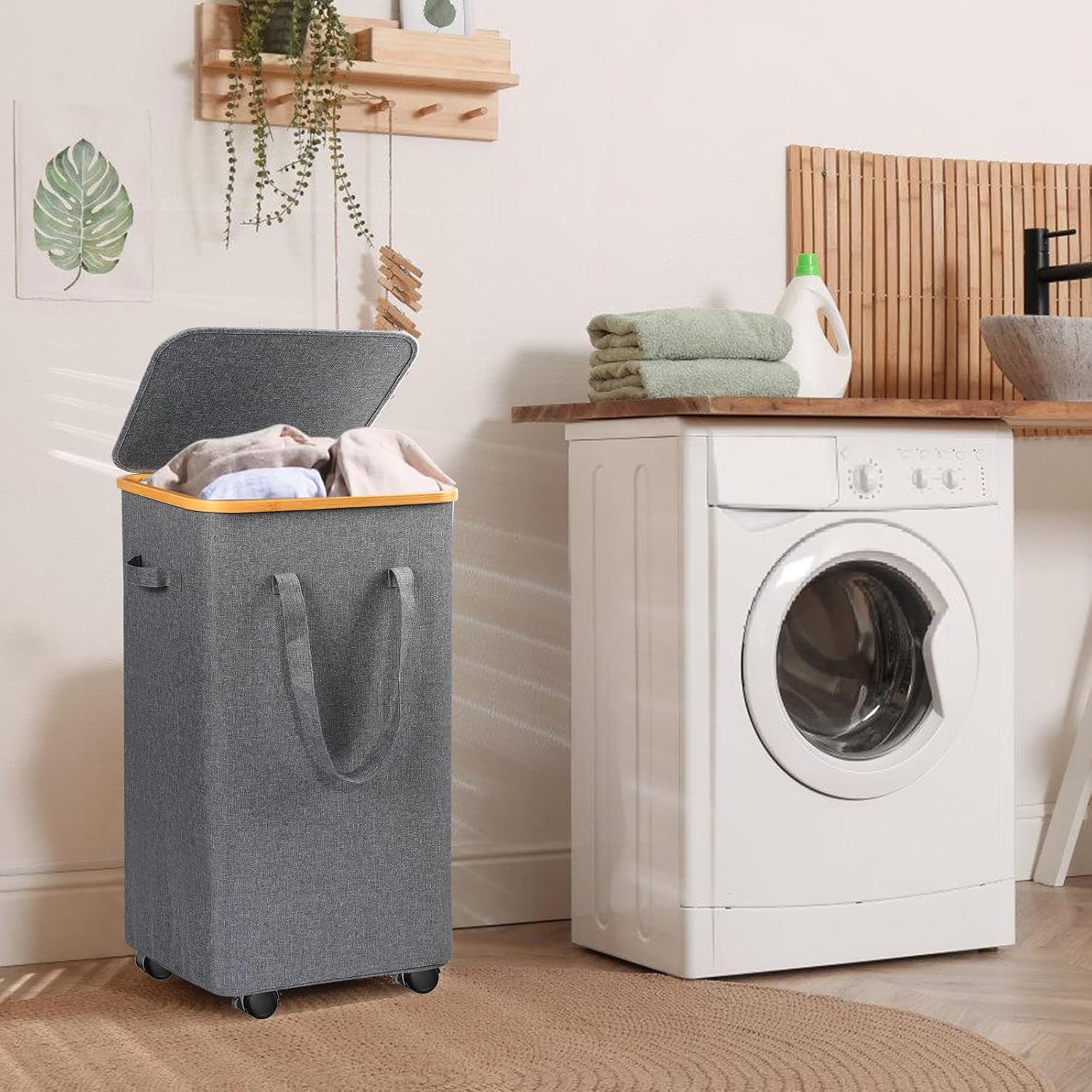 Large Laundry Hamper, 100L Laundry Basket with Handle and Removable Bag - Collapsible Clothes Basket Organizer for Laundry Room, Bedroom, Bathroom & Dorm - Grey
